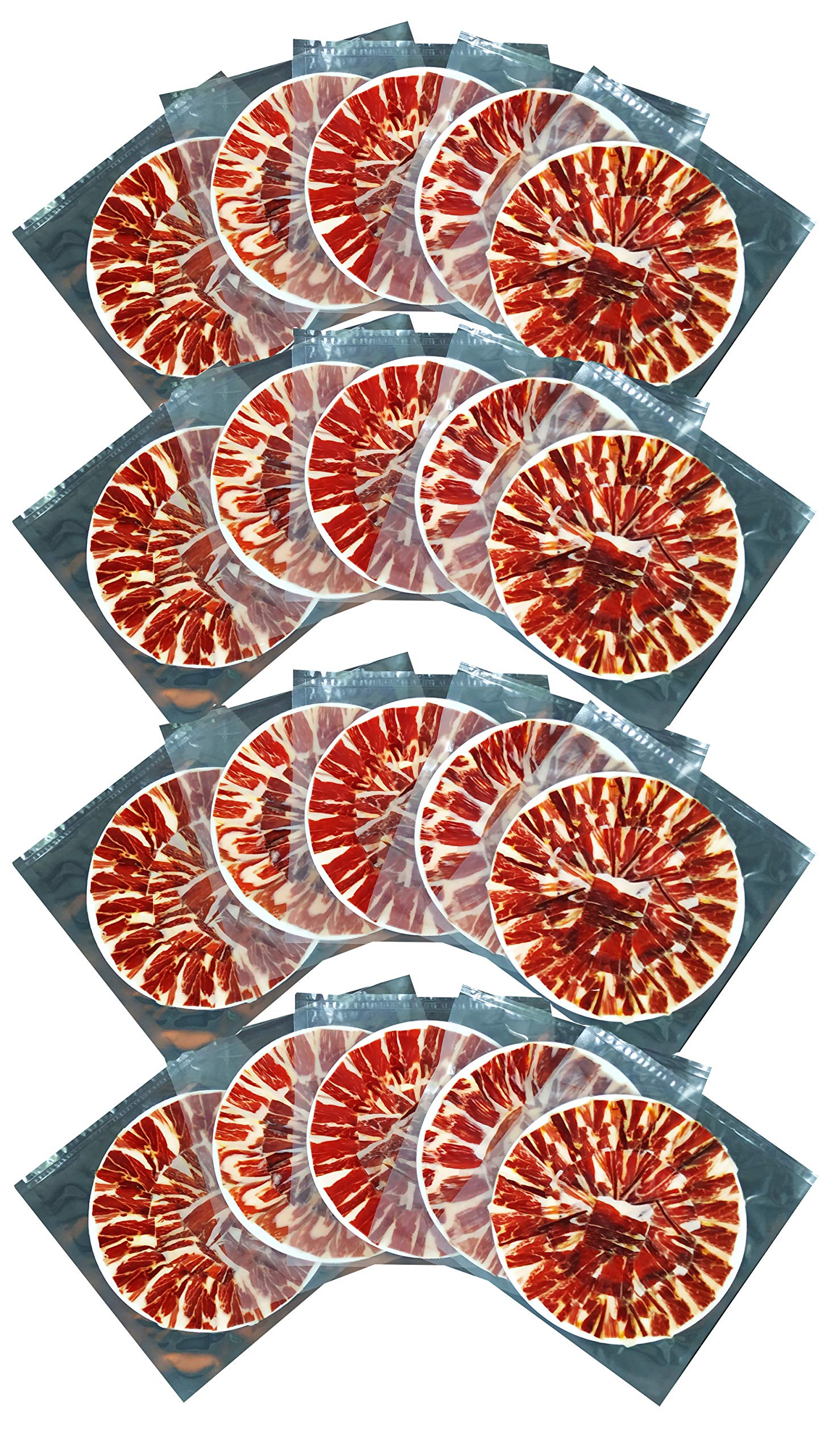 Loncheado al vacío de Jamón Bellota ibérico 100% del Valle de Los Pedroches cortado tipo cuchillo, sobres de 100 gr c/u (IBERICO-BELLOTA-PEDROCHES-JAMON-20-SOBRE)