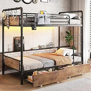 Metal Twin Over Twin Bunk Bed with Storage Drawers, USB Charging, RGB Lights, and Convertible Design - Vintage Brown