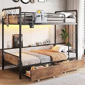 Jocoevol Metal LED Bunk Bed Twin Over Twin with Storage Drawers, USB Charging Station, Safety Guardrail, Ladder, No Box Spring Needed, Vintage Brown
