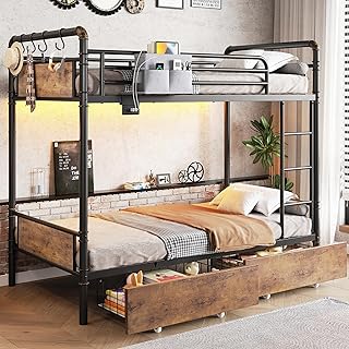Metal LED Bunk Bed Twin Over Twin with 2 Storage Drawers, USB Charging Station, Industrial Bunkbeds Heavy Duty Bed with Safety Guardrail and Ladder, No Box Spring Needed, Vintage Brown
