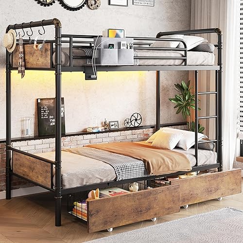 Metal LED Bunk Bed Twin Over Twin with 2 Storage Drawers, USB Charging Station, Industrial Bunkbeds Heavy Duty Bed with Safety Guardrail and Ladder, No Box Spring Needed, Vintage Brown