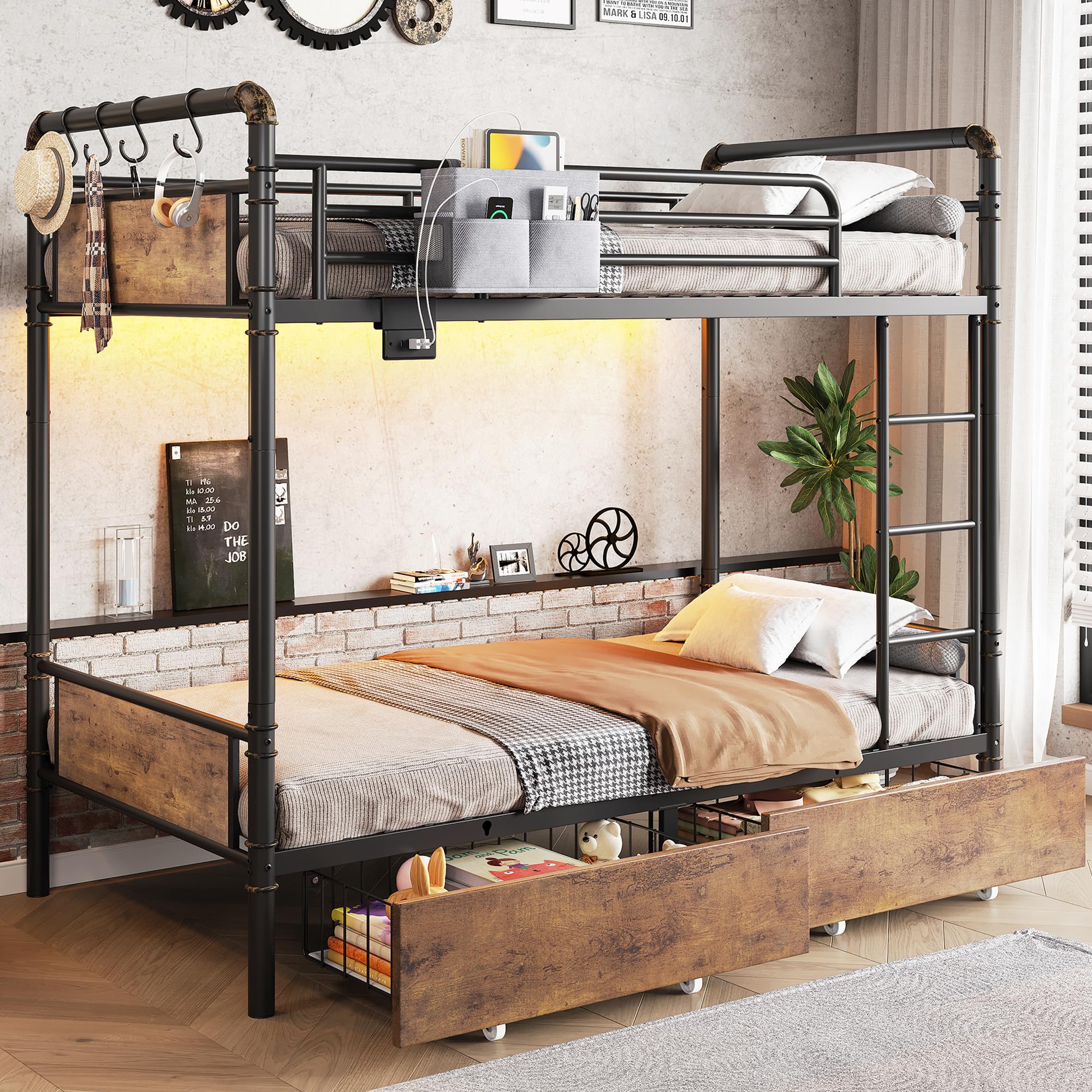 metal led bunk bed twin over twin with 2 storage drawers, usb charging station, industrial bunkbeds heavy duty bed with safety guardrail and ladder, no box spring needed, vintage brown