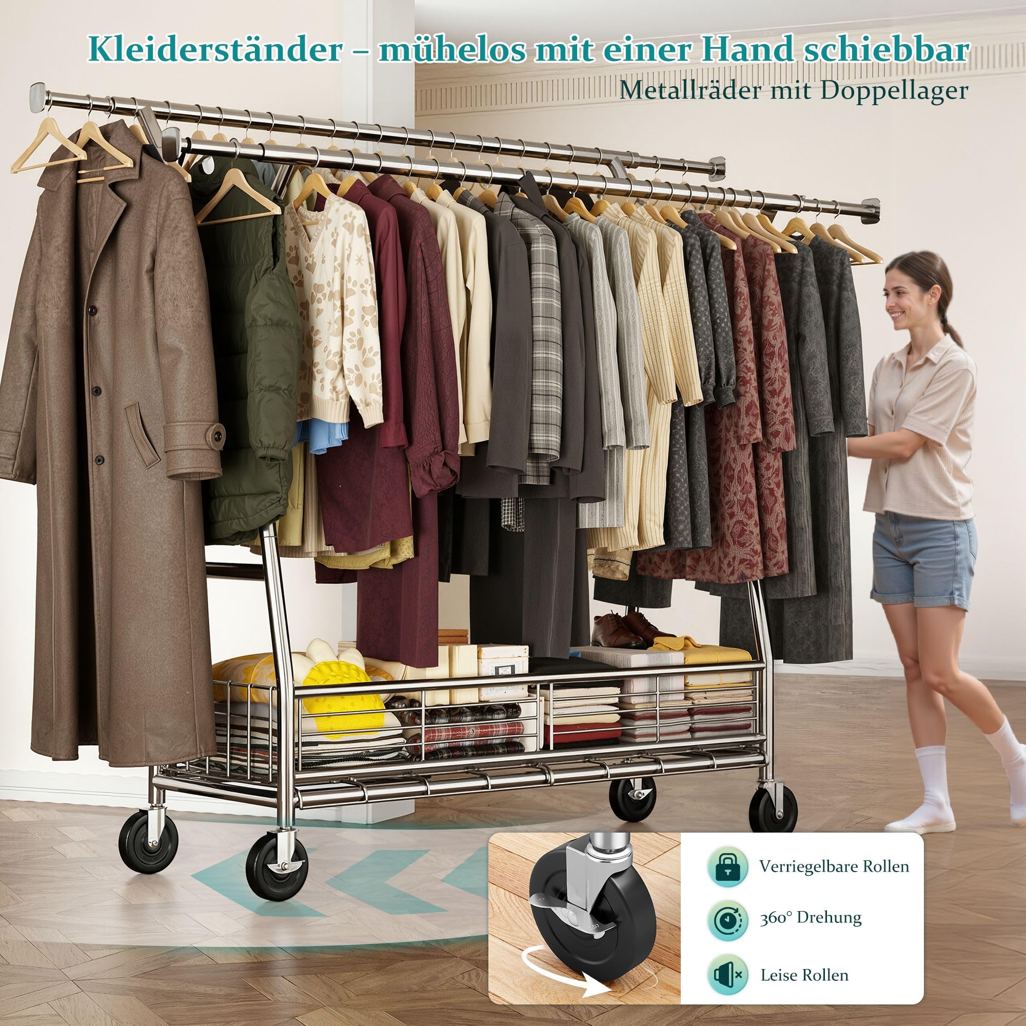 Kleiderständer auf Rollen mit Doppelstange & Netzkorb, 200 kg Schwerlast-Tragkraft, reichlich Stauraum für Kleidung & Accessoires