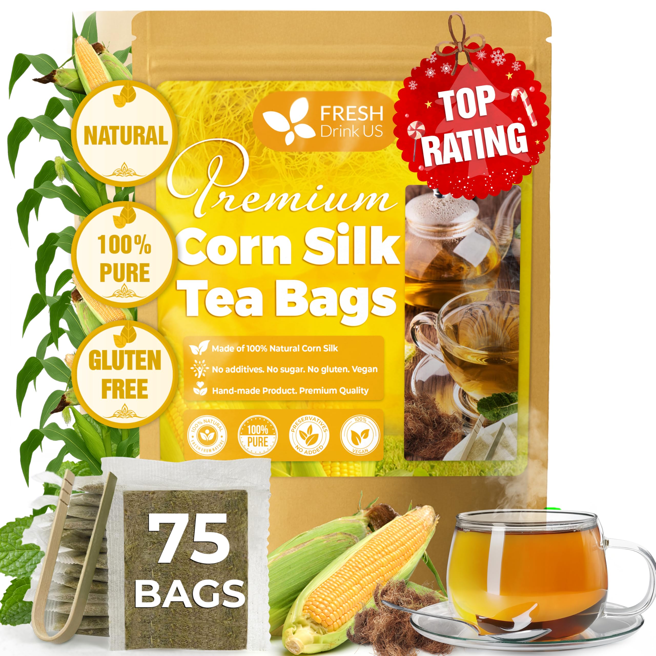 Premium 75 Tea Bags Corn Silk Tea, 100% Natural & Pure from Corn Silk. Herbal Tea. Clean Ingredients. Made with Natural Material Tea Bags. No Sugar, No Caffeine, Vegan.
