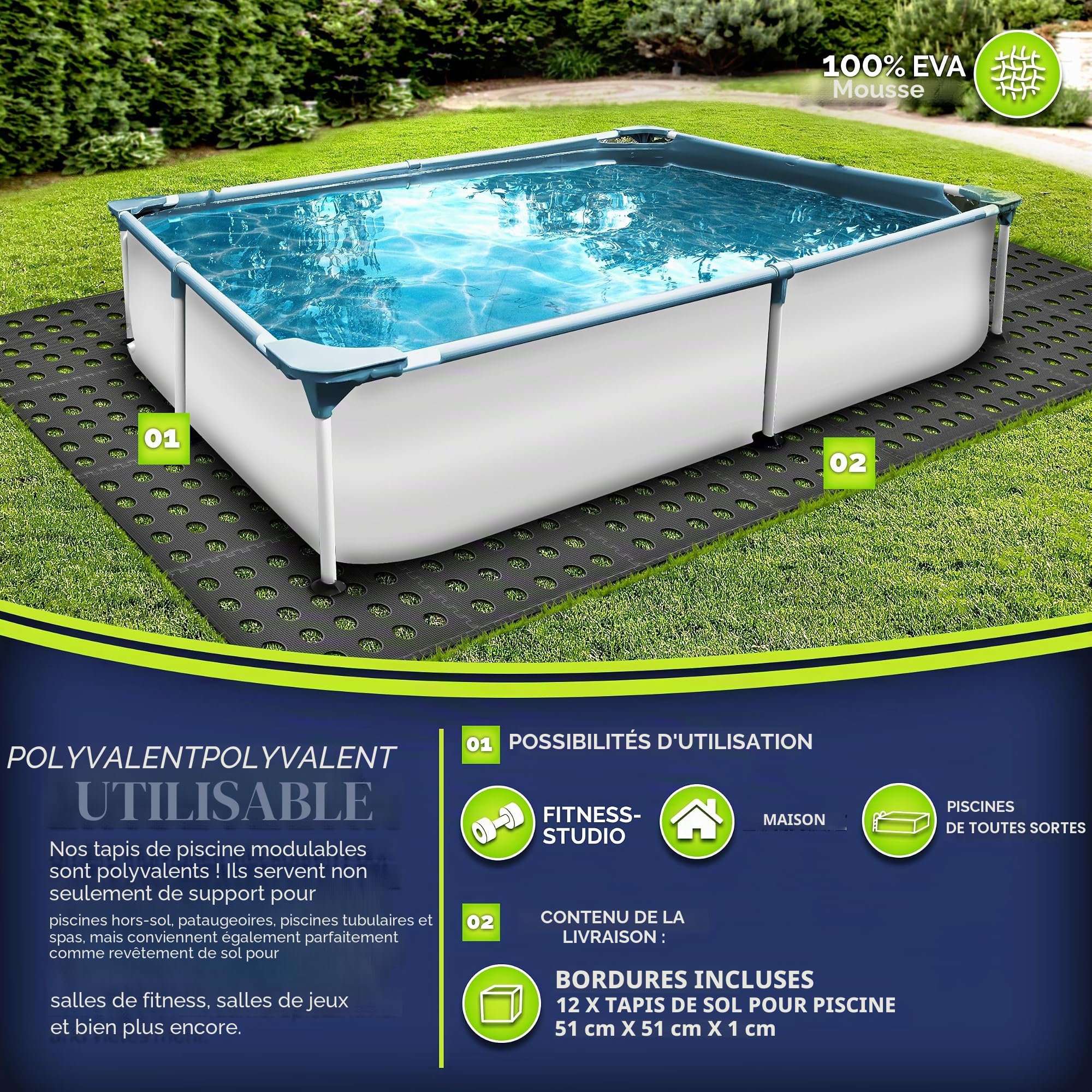 tillvex® Lot de 12 tapis de protection de sol pour piscine - Avec trous - 51 x 51 cm | Tapis de sol pour piscine et pataugeoire | Tapis de sol d'extérieur | Tapis de protection du sol pour jacuzzi
