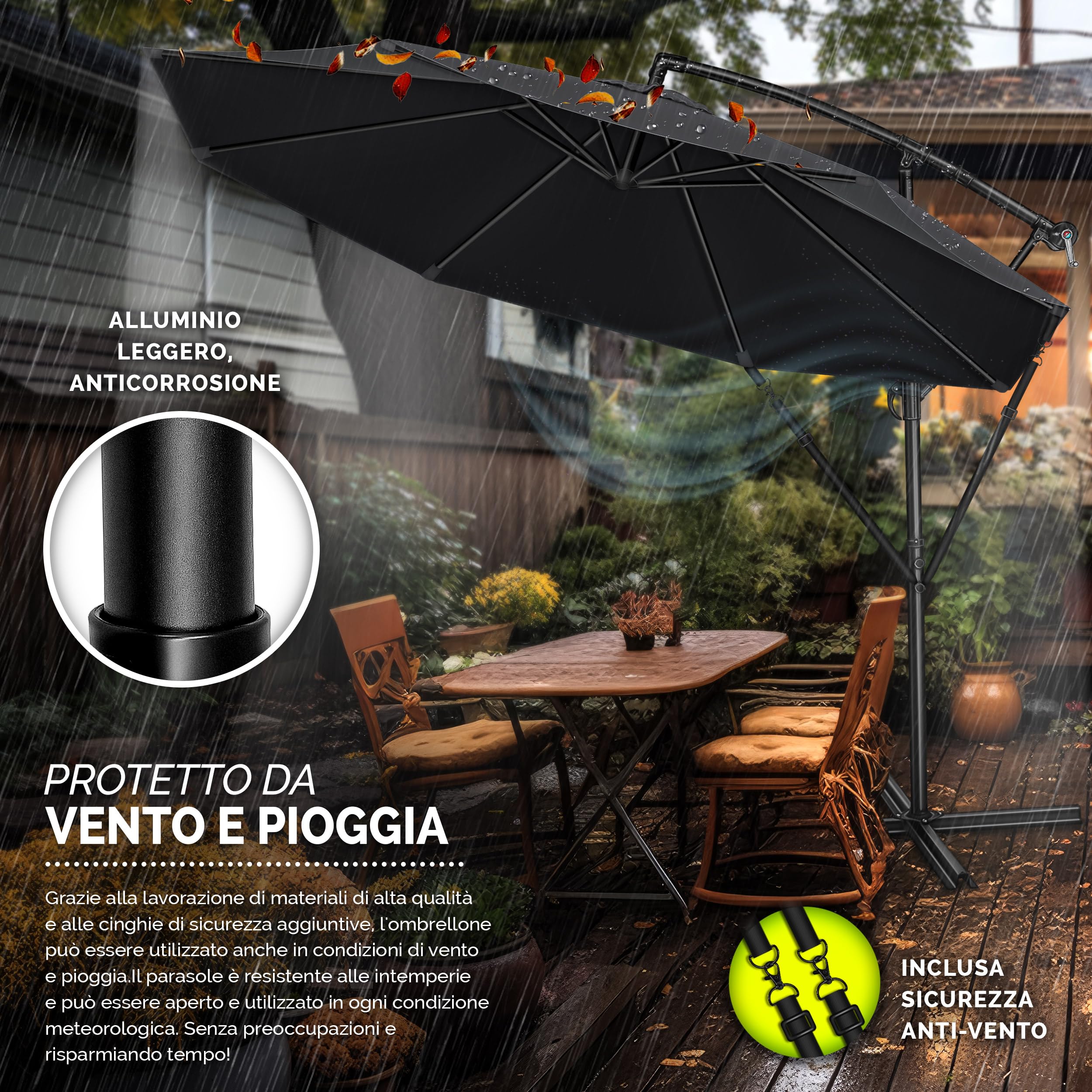 tillvex Ombrellone da Giardinoe Ø 300 cm con manovella | Ombrellone con asta per giardino, terrazza, balcone, | Materiale Alluminio con protezione UV - impermeabile | Ombrellone a manovella con base