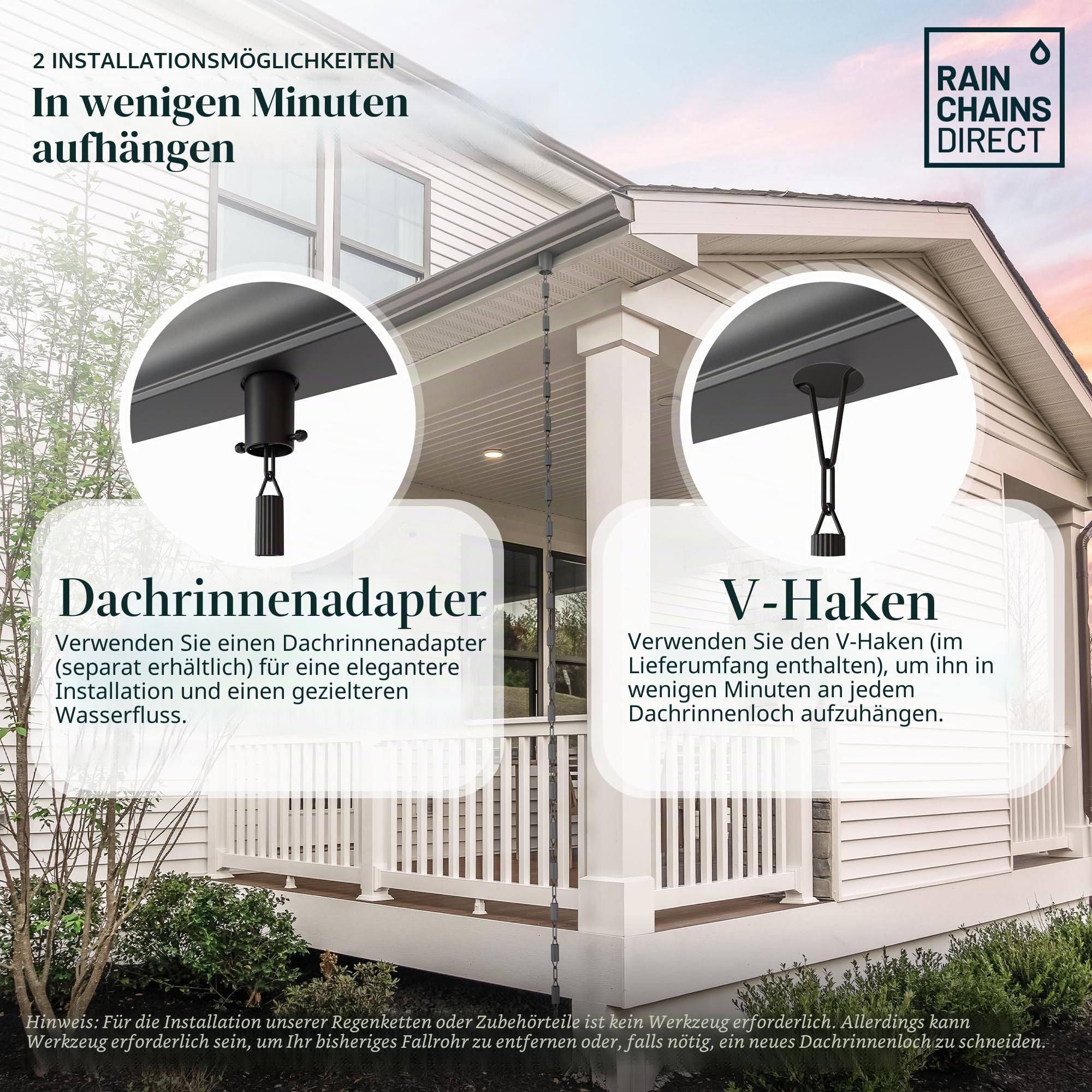 Manicotti Rain Chains Direct, Wasserablaufkette, langlebiges, schwarzes, pulverbeschichtetes Aluminium, Premium-Wasserablaufkette für Dachrinnen, 2,6 m