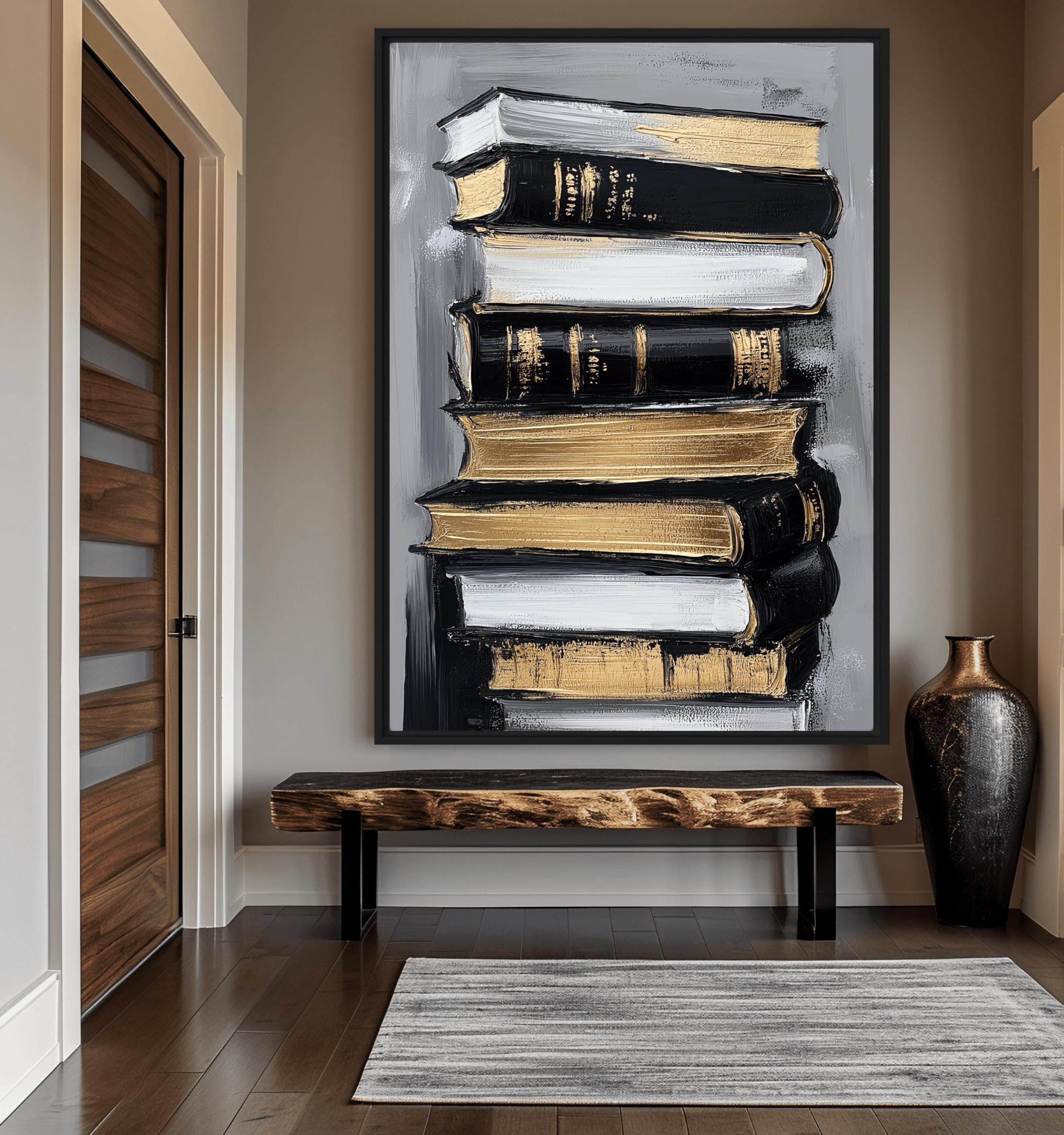 TONGYINLI Cuadro abstracto de libros pintado al óleo sobre lienzo: Póster impreso de pila de libros, cuadros de pared en negro y dorado para la decoración del hogar (80x120cm/marco interno)
