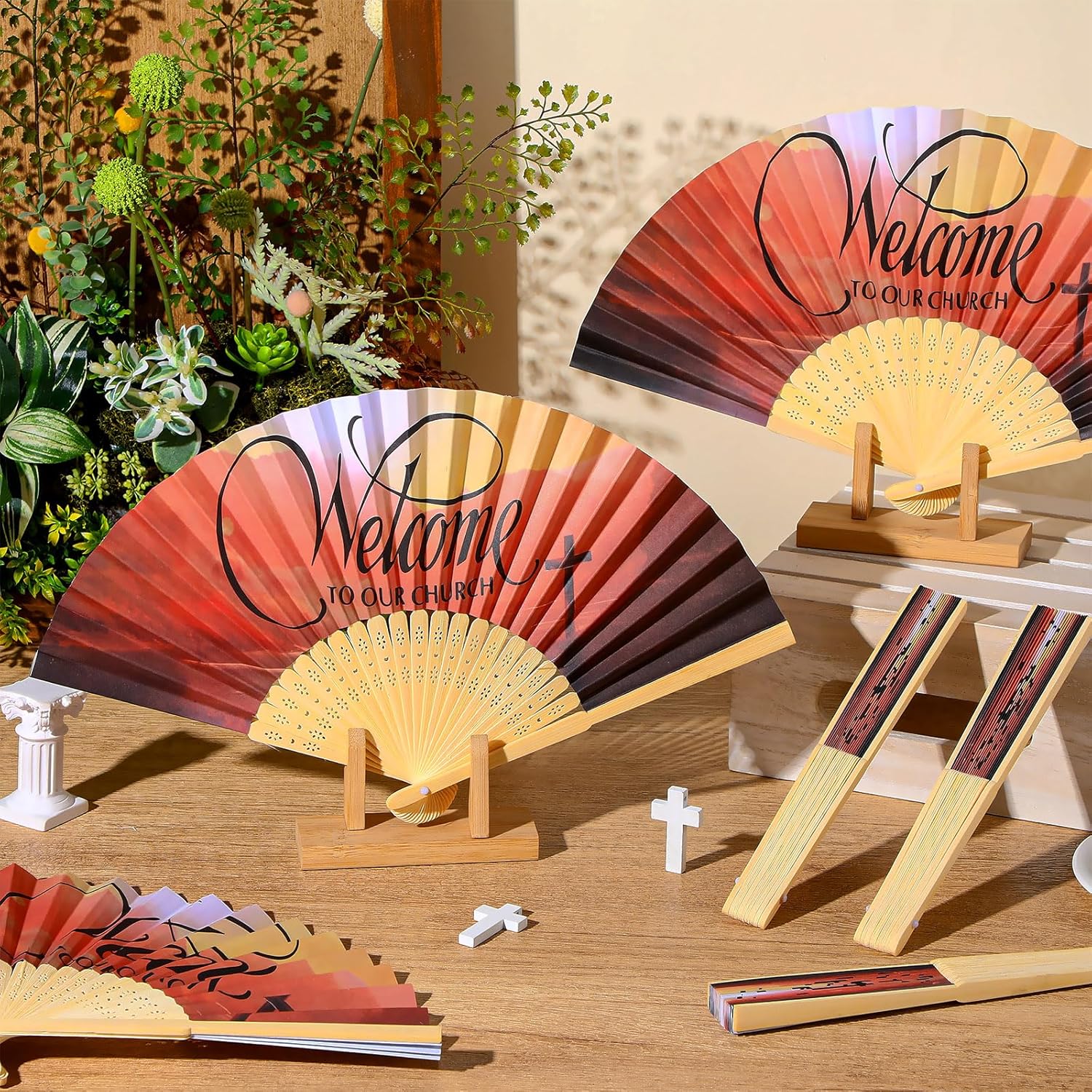 Geelin 50 Pcs Church Visitor Welcome Gifts Church Fans Handheld Religious Bamboo Fans Bulk Christian Paper Folded Hand Fan Religious Decorations for Women Men Visitors Services Supplies