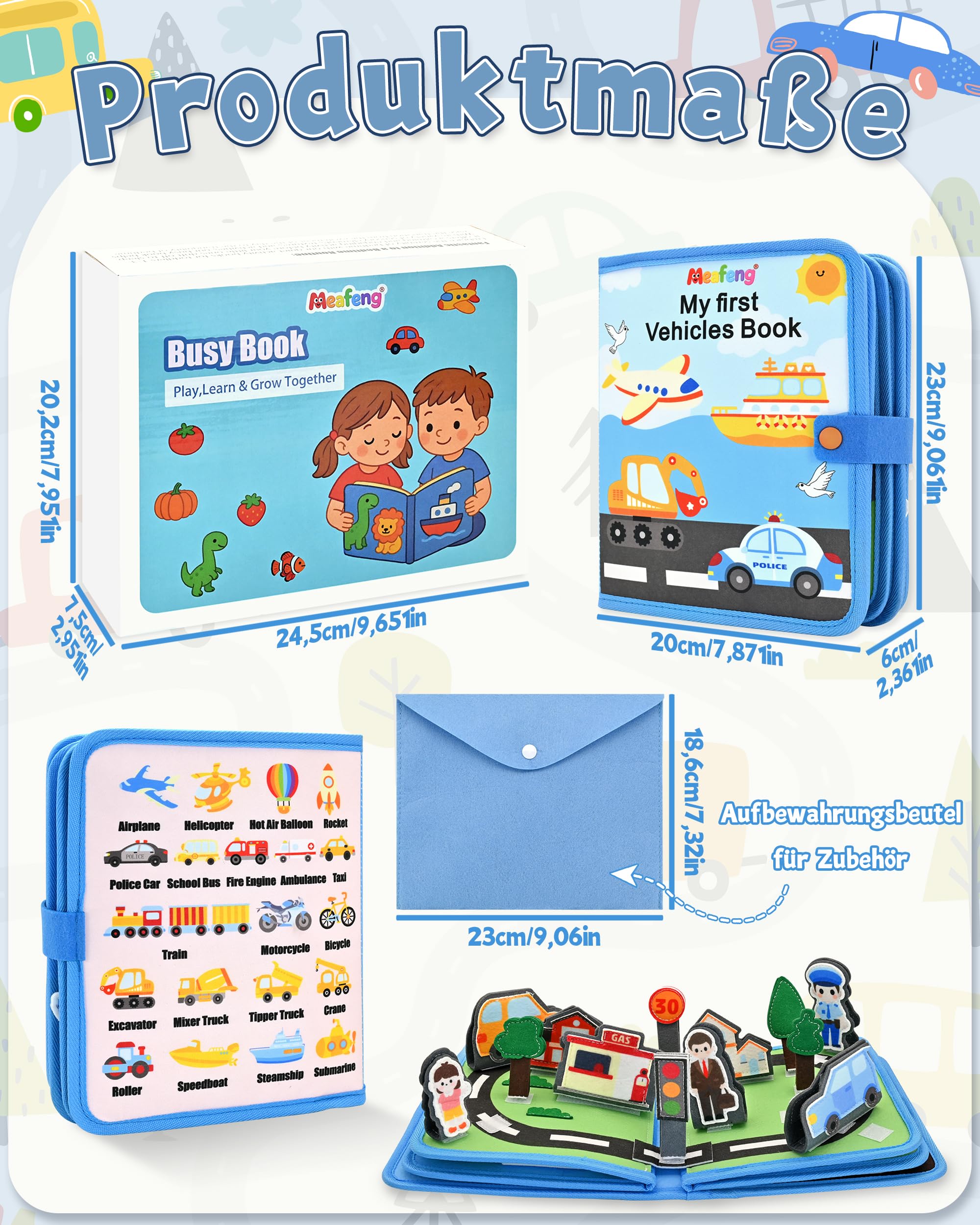 Busy Board ab 1 2 Jahr, Montessori Spielzeug Baby Filzbuch Transport Busy Book mit 3D-Verkehrsszenen, Flugzeug Beschäftigung Kinder, Ostergeschenke Basteln Jungen Mädchen