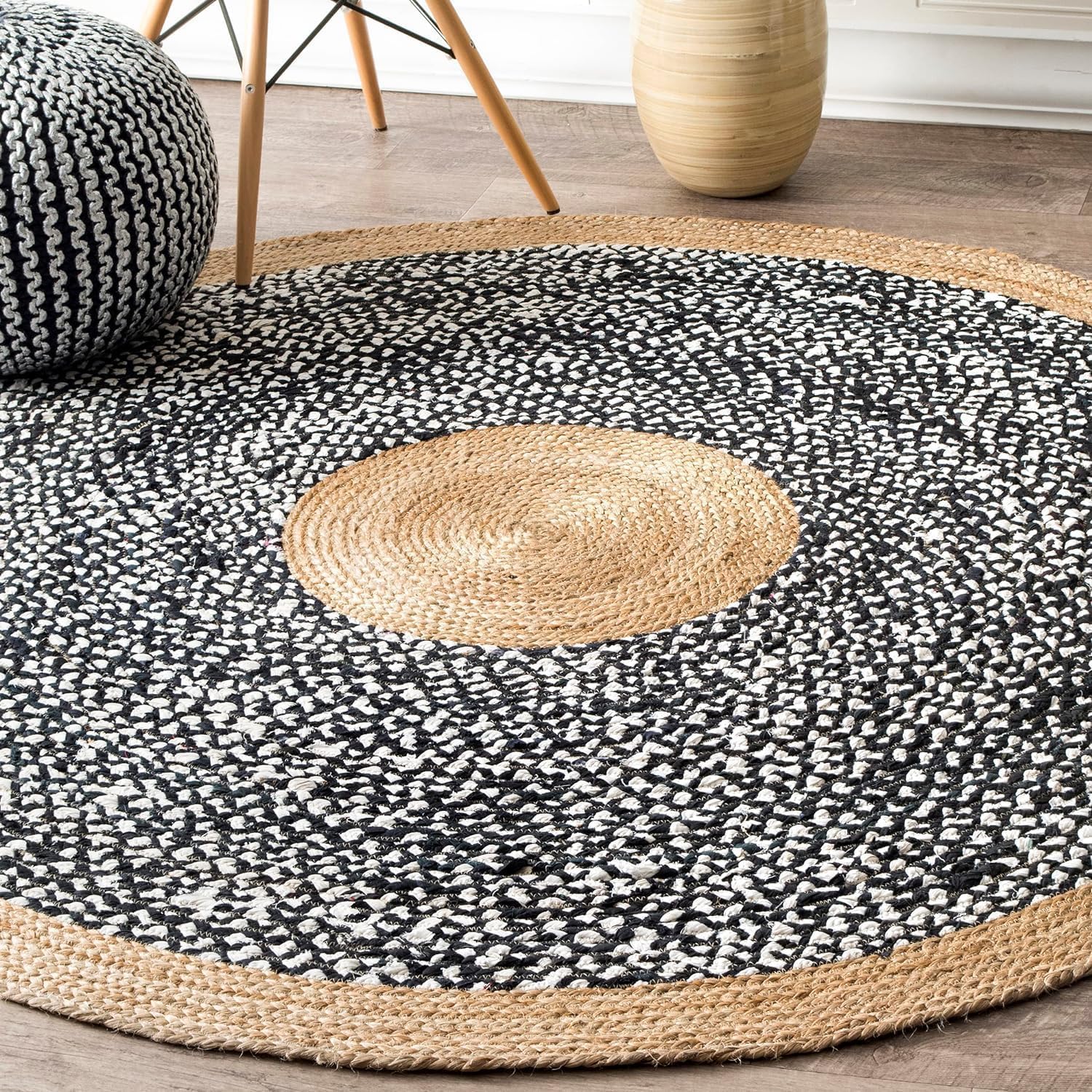 HandloomBazzar Handmade Hand Woven Braided Jute Natural Fibers Rug Bohemian Hand Braided Eco Friendly Rugs for Bedroom Kitchen Living Room Farmhouse(Jute Black Cotton,2' x 3' Oval) — image 1