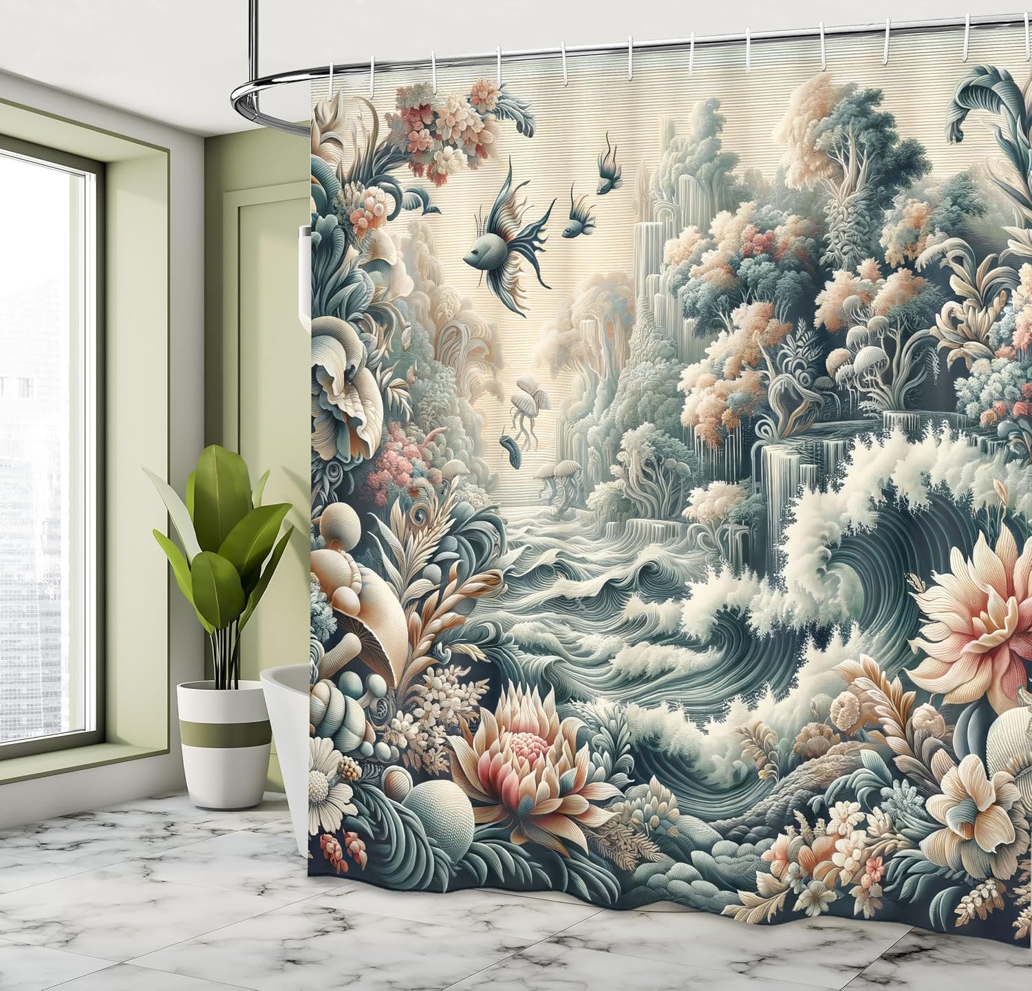 Ambesonne Abstract Nature Shower Curtain, Detailed Surreal Creative Blooming Forest with Crashing Waves, Cloth Fabric Bathroom Decor Set with Hooks, 69" W x 84" L, Blush Dark Slate Blue