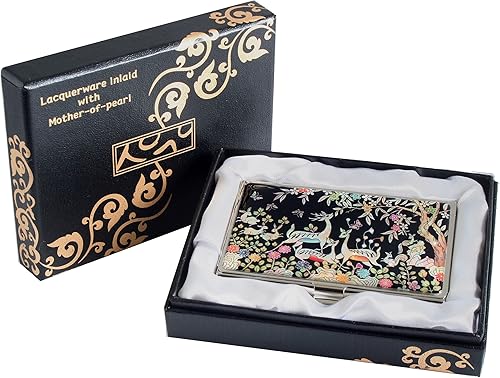 Miniatura 5 de Diseño de madreperla de ciervo, conejo y ardilla, metal negro, acero inoxidable, grabado, delgado, para negocios, tarjeta de crédito, tarjetero para