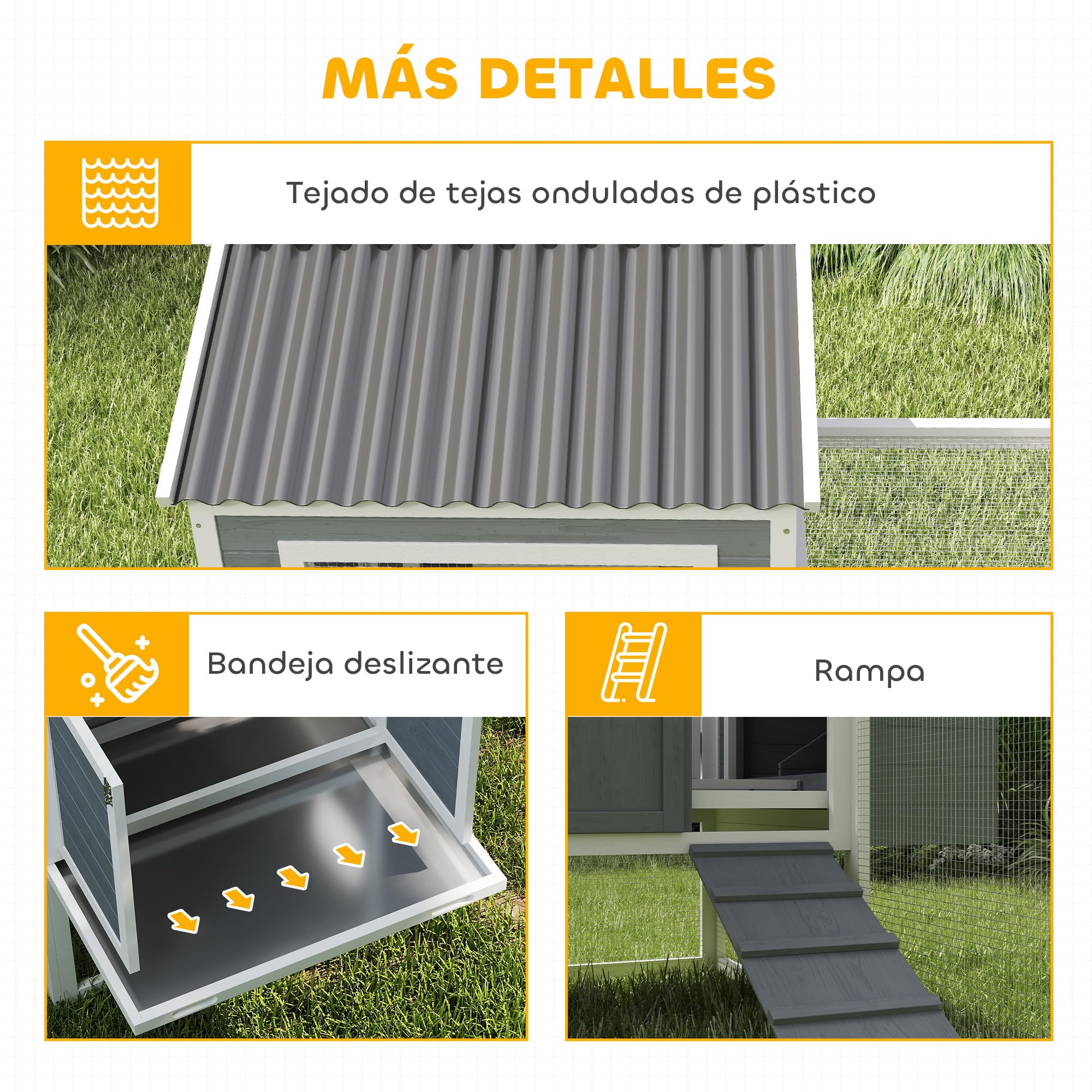 PawHut Gallinero Jaula para 10-15 Gallinas 315,5x150,5x140,5 cm Gris | para Exterior, de Madera, Grande, con Perchas, Columpio, Rampa, Bandeja Extraíble