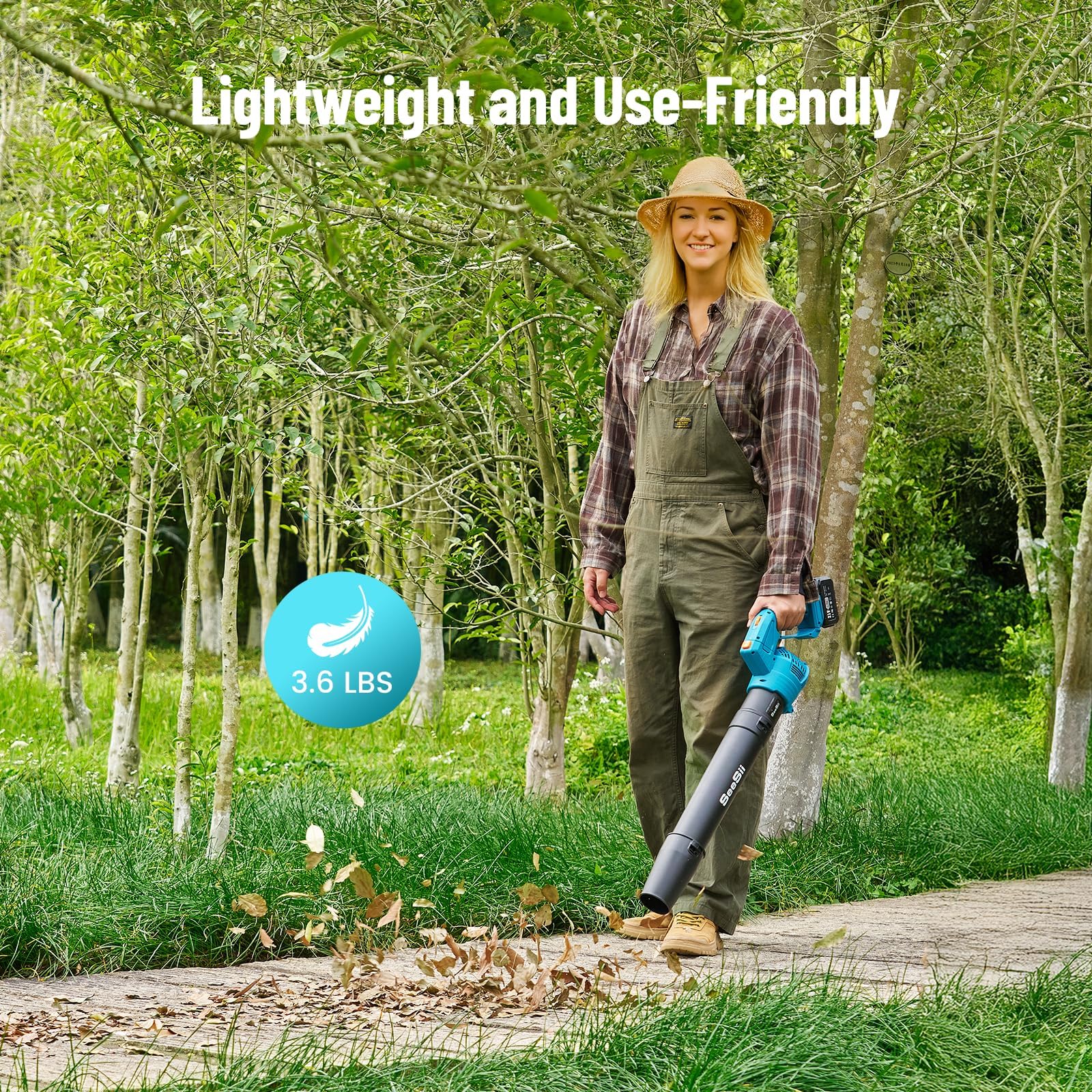 SEESII Souffleur à feuilles sans fil avec 2 batteries de 4,0 Ah et chargeur, 5 niveaux de rotation, souffleur électrique d'extérieur pour jardinage, nettoyage des feuilles, léger pour cour, terrasse