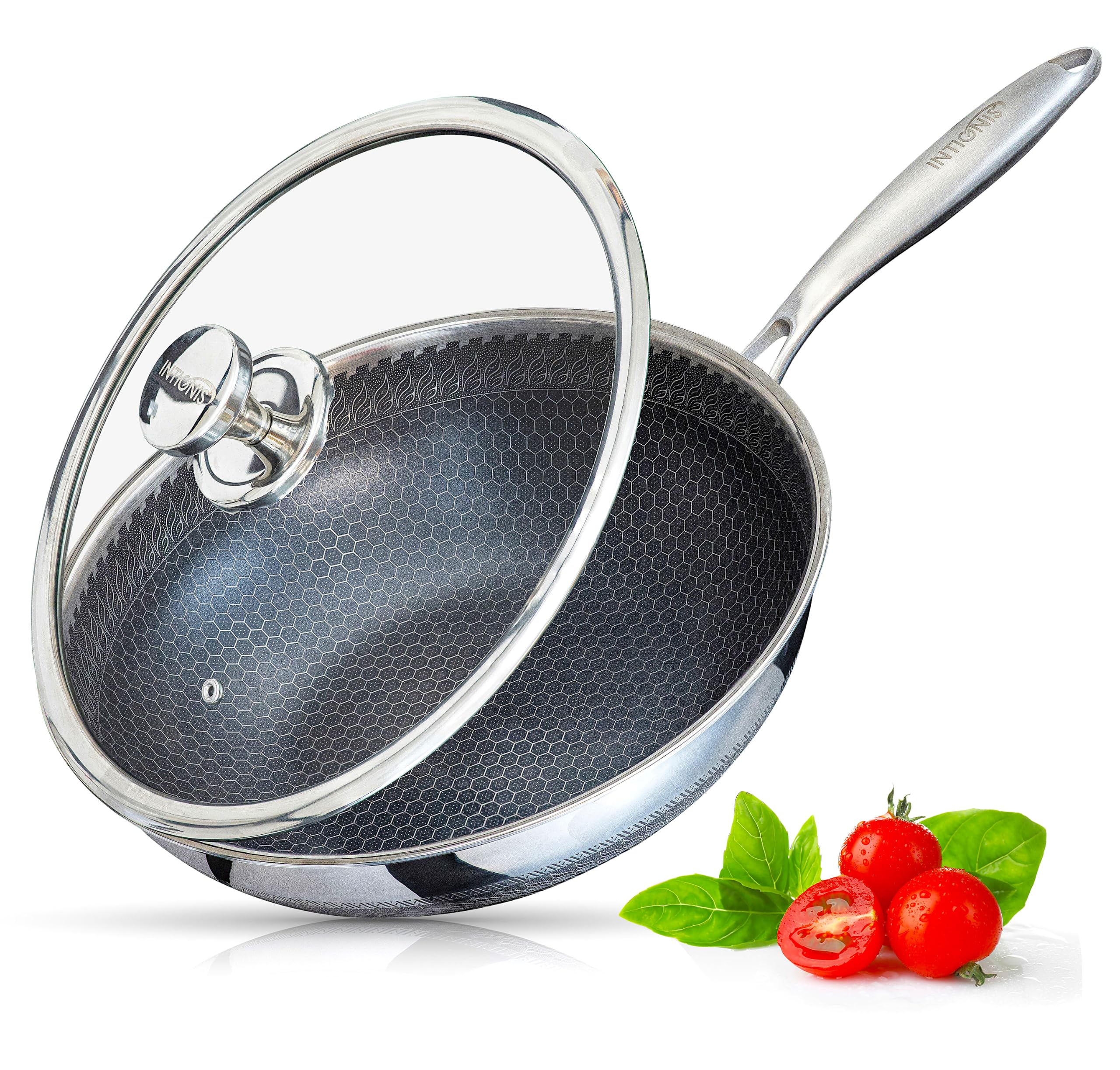 INTIGNIS Wok Hybride Premium 30 cm avec Couvercle en Verre – Acier Inoxydable, Anti-adhésif Sans PFOA, Compatible Induction, Passe au Four & Lave-Vaisselle, Poignée Stay-Cool