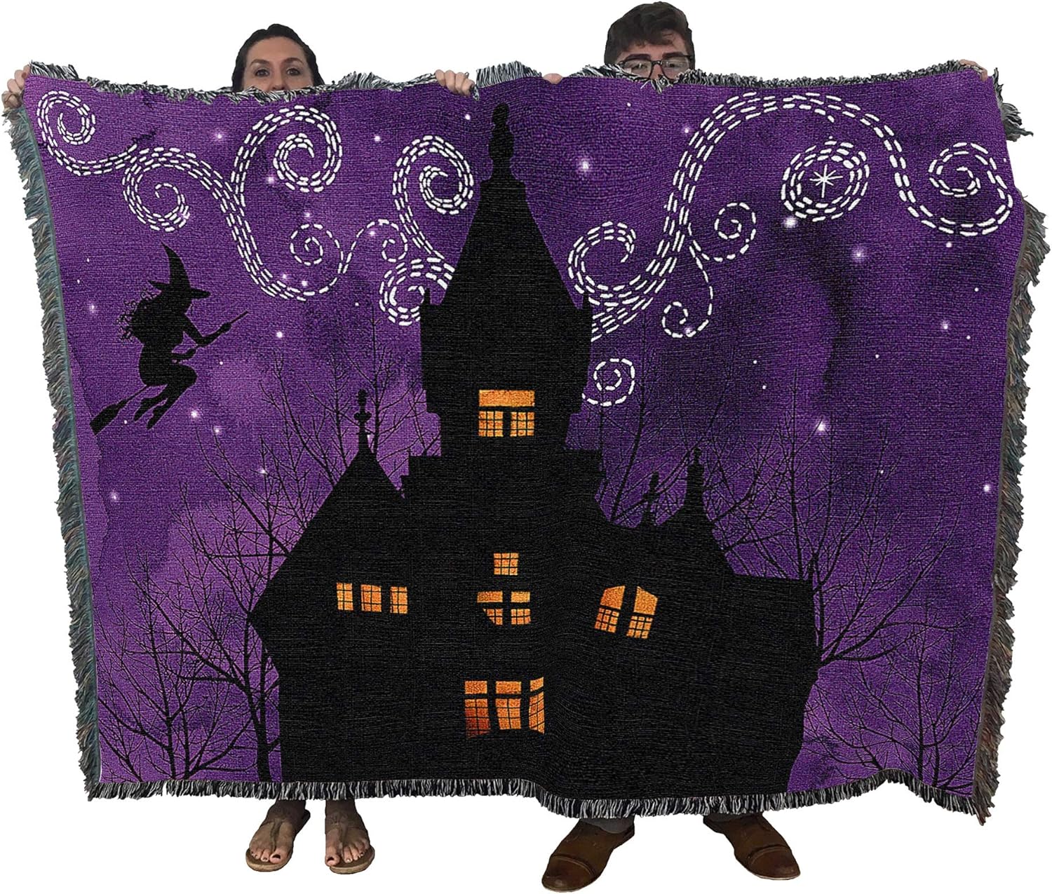 Pure Country Weavers Witch Flying Over House Blanket by Grace Popp - Gift Fall Halloween Tapestry Throw Woven from Cotton - Made in The USA (72x54)