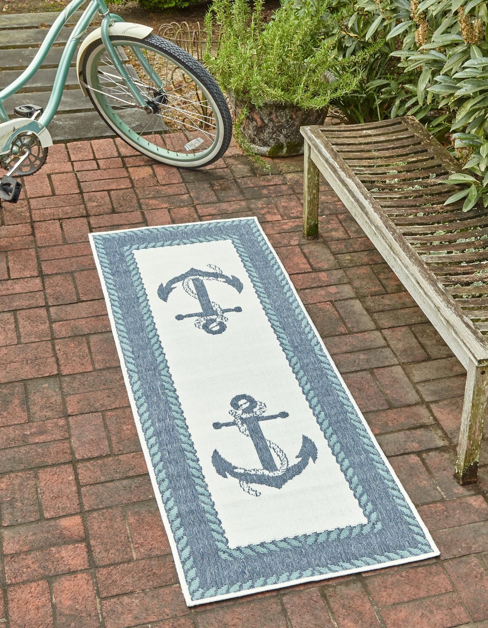 Unique Loom Outdoor Coastal Collection Area Rug - Anchor (2' x 6' 1" Runner, Navy Blue/ Light Blue)