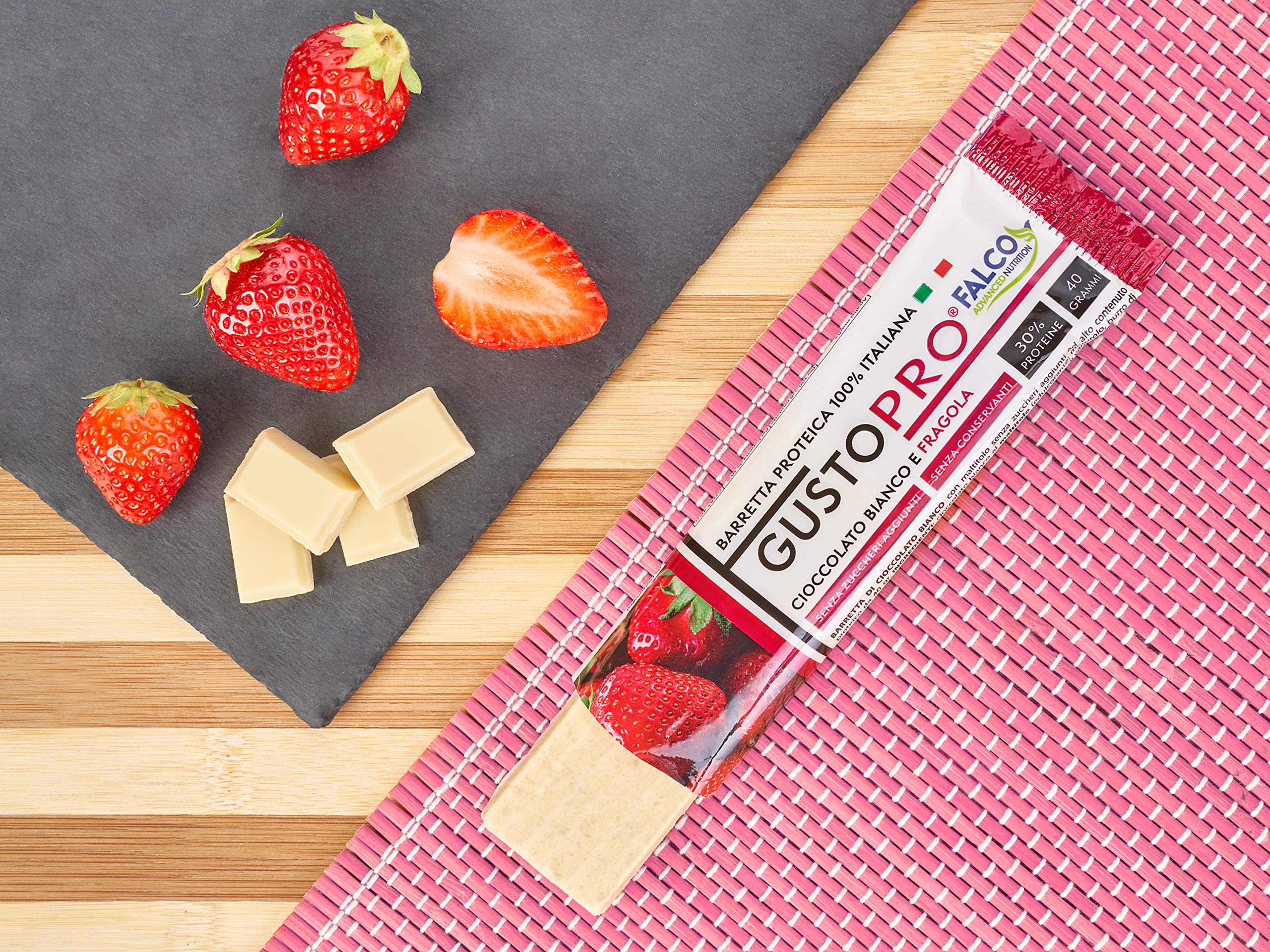 GUSTOPRO BIANCO E FRAGOLA – Barretta Proteica Senza Zucchero, Croccante, Puro Cioccolato Bianco e Fragola, 30% di Proteine Del Siero del Latte (Whey Protein) (24x40g)