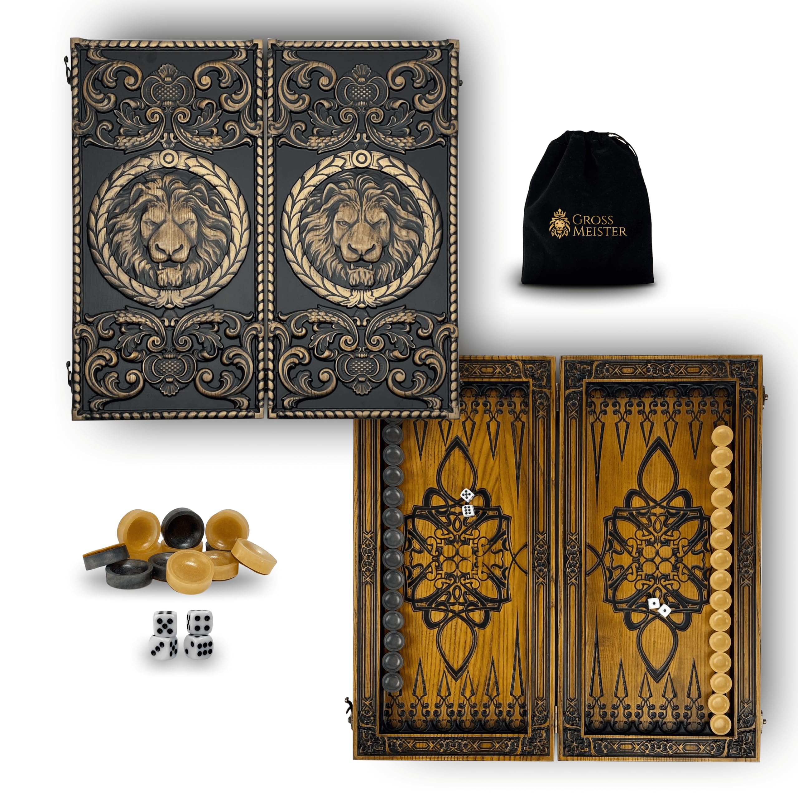 Tablero de backgammon hecho a mano, diseño de león, madera de arce, piedras de resina, juego de 18 pulgadas con grabado para regalo