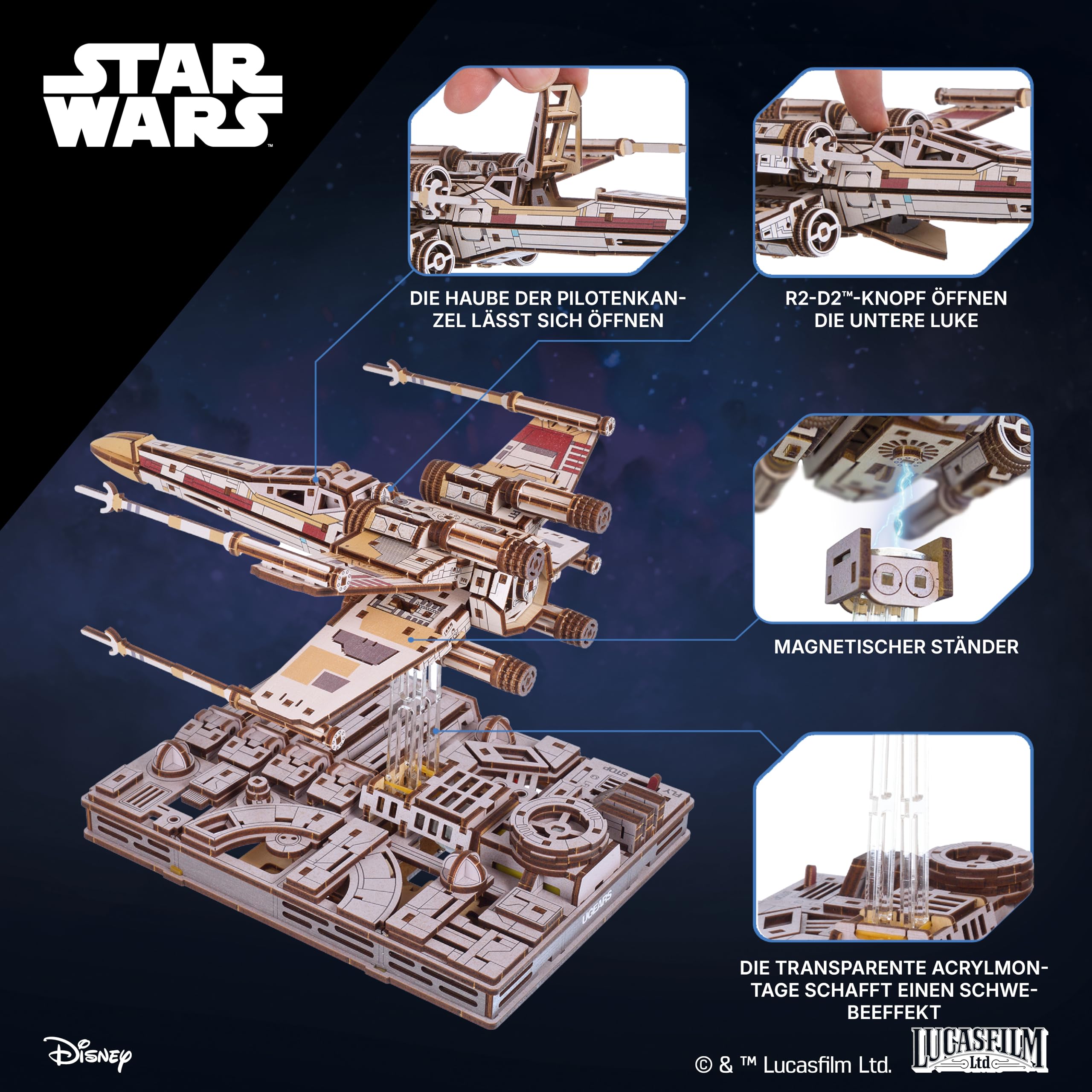 UGEARS Star Wars ™ X-Wing Starfighter von Luke Skywalker ™ – 3D Puzzle Holz Modellbausatz Erwachsene, Holzpuzzle Erwachsene 3D, Holz Modellbau Baukasten, Star Wars Geschenk 3D Puzzle Weihnachten