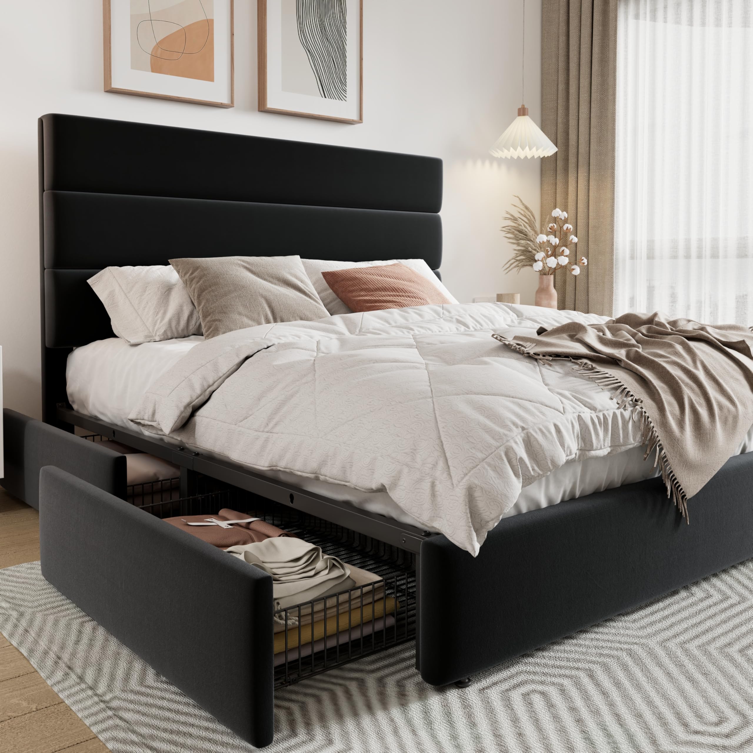 Allewie Modern Full Size Platform Bed Frame with 4 Storage Drawers and Velvet Upholstered Headboard, Wooden Slats Support, Upholstered Mattress