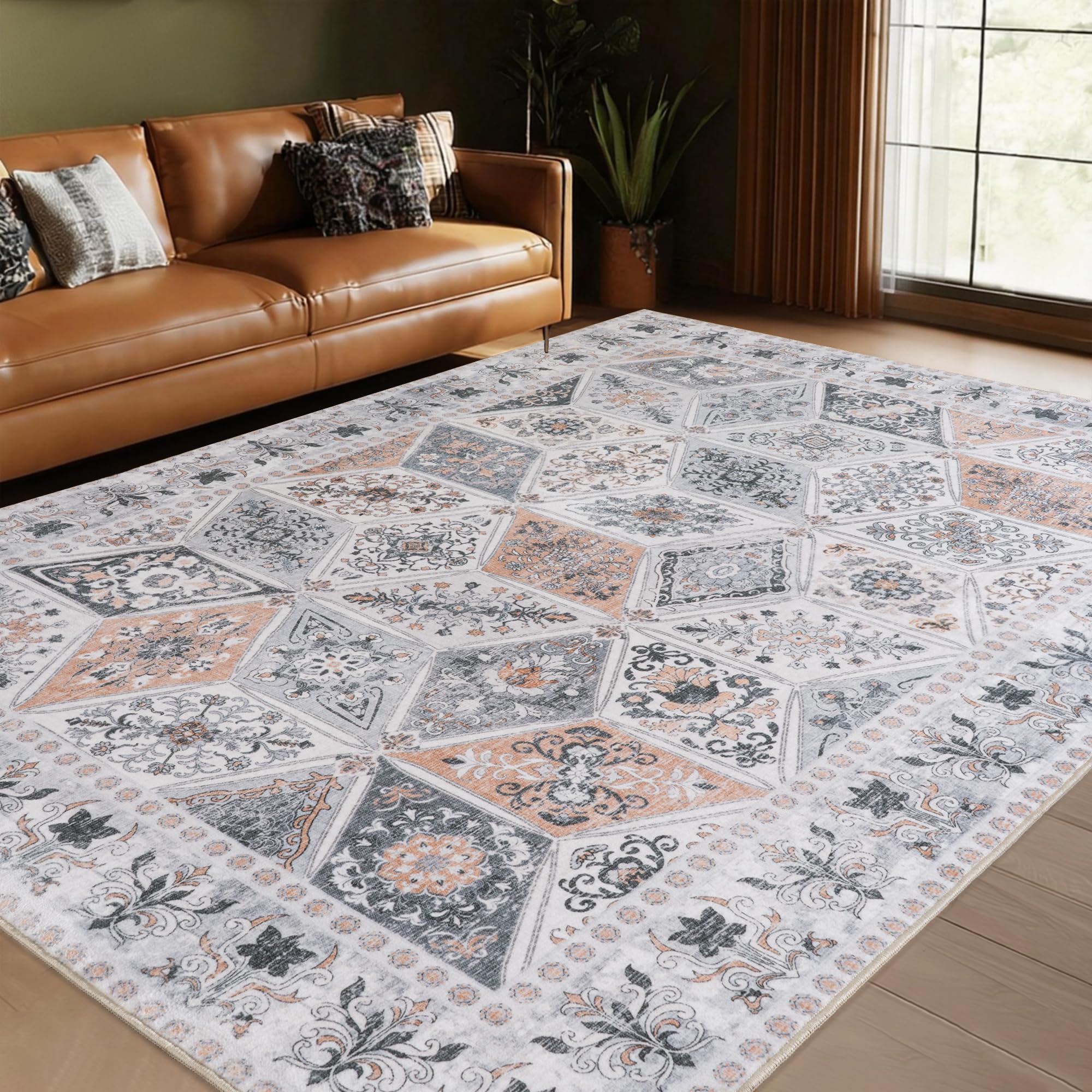 Beige Großer Vintage Kurzflor Teppich Wohnzimmer, 200x300 cm | Boho Waschbarer Teppich, Rutschfester Schlafzimmer Teppiche, Geometrisch Rauten Muster Carpet für Esszimmer Büro Küche