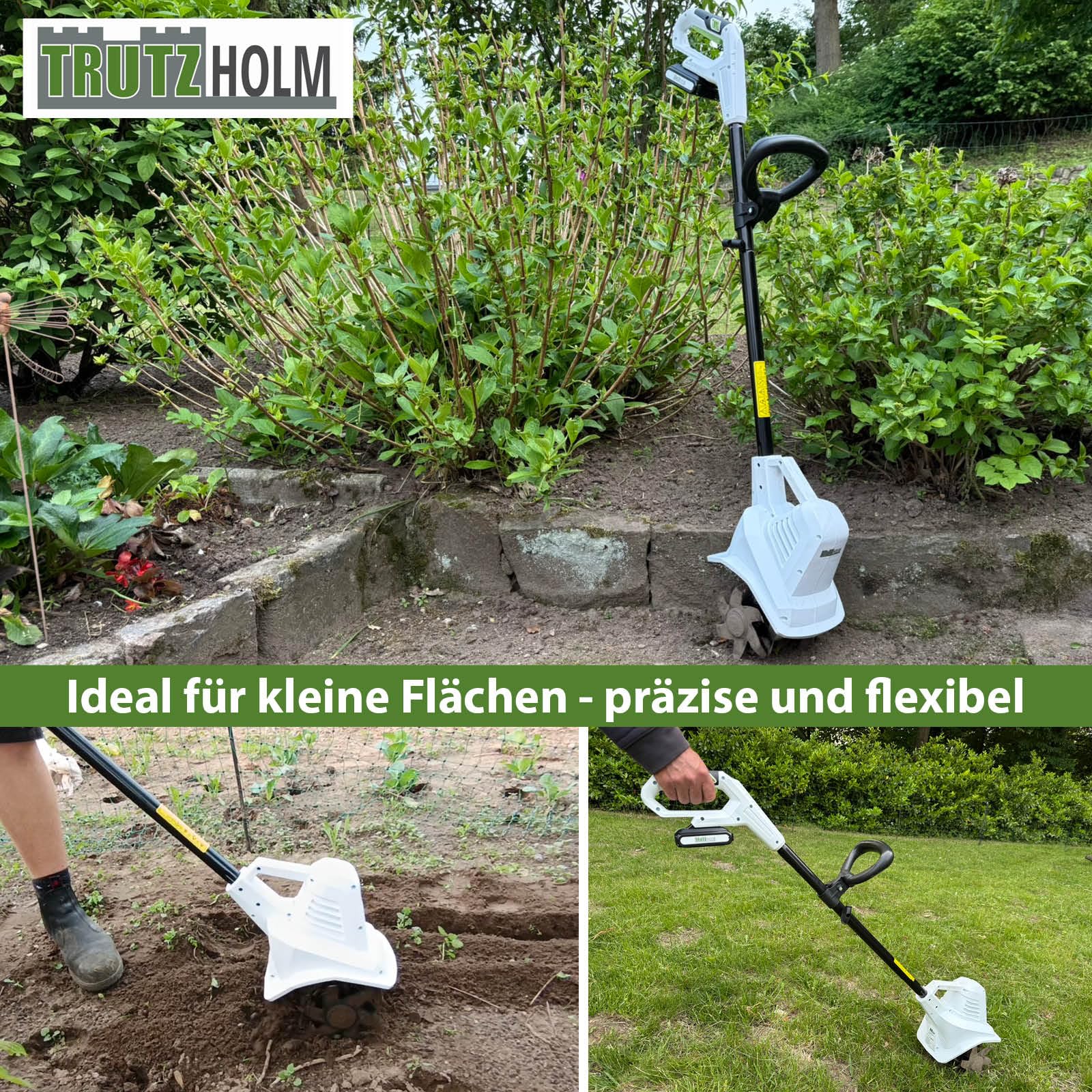 TRUTZHOLM Akku Bodenhacke 20V/2.0Ah mit Akku und Ladegerät 19 cm Arbeitsbreite 24 Klingen 15,5 cm Arbeitstiefe Motorhacke Bodenfräse Gartenfräse Kultivator für Beet und Garten