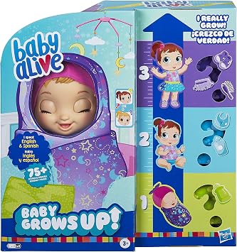 Baby Alive Baby Grows Up Dreamy - Shining Skylar or Star Dreamer, Growing and Talking Baby Doll, Toy with 1 Surprise Doll and 8 Accessories, Blue