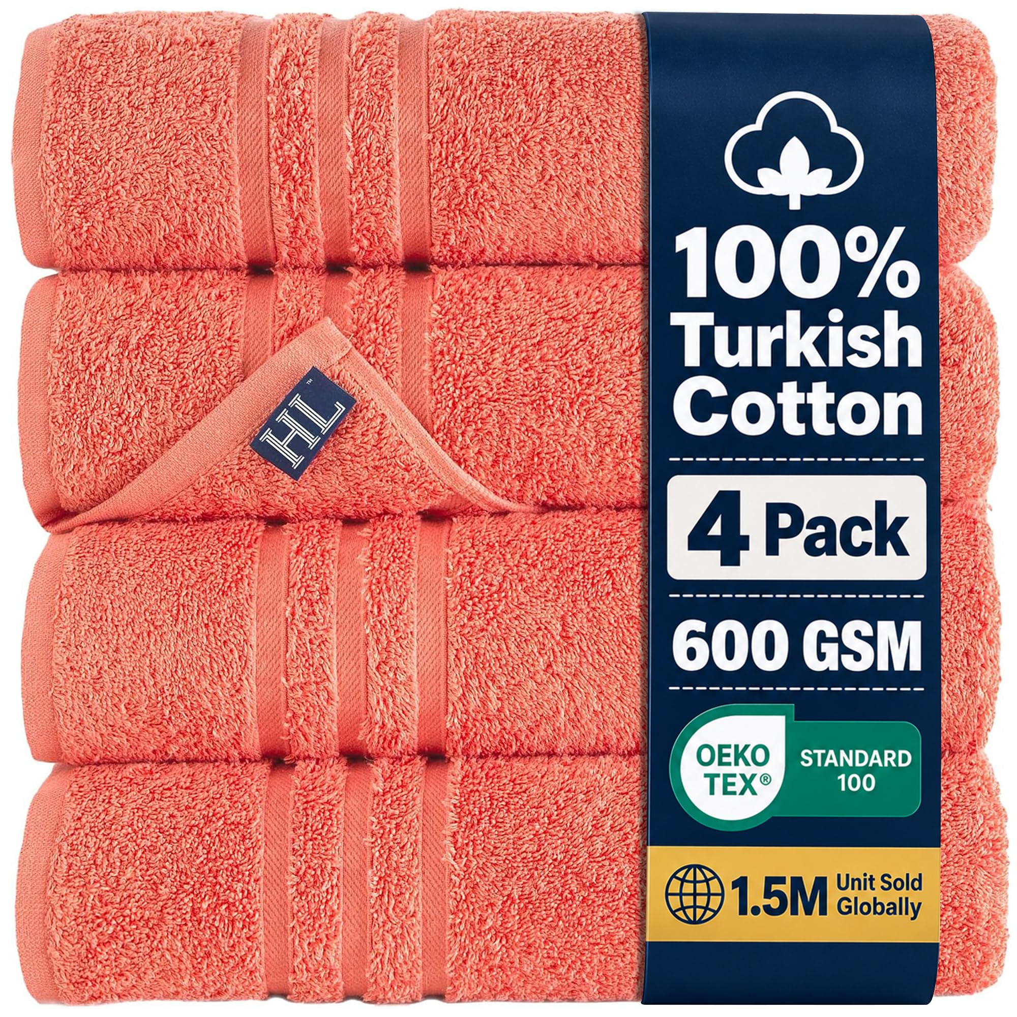 Hawmam Bath Linen Towels Large, Turkish Cotton, 4 Pack, Coral