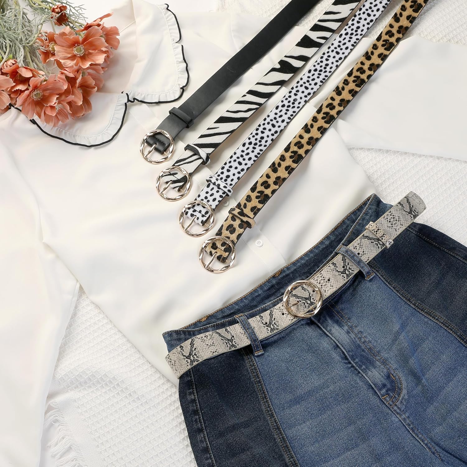 Women's Animals Waist Belts, Leopard Zebra Cow Snake Faux Leather Round Gold Buckle for Jeans Pants Dresses - Image 6