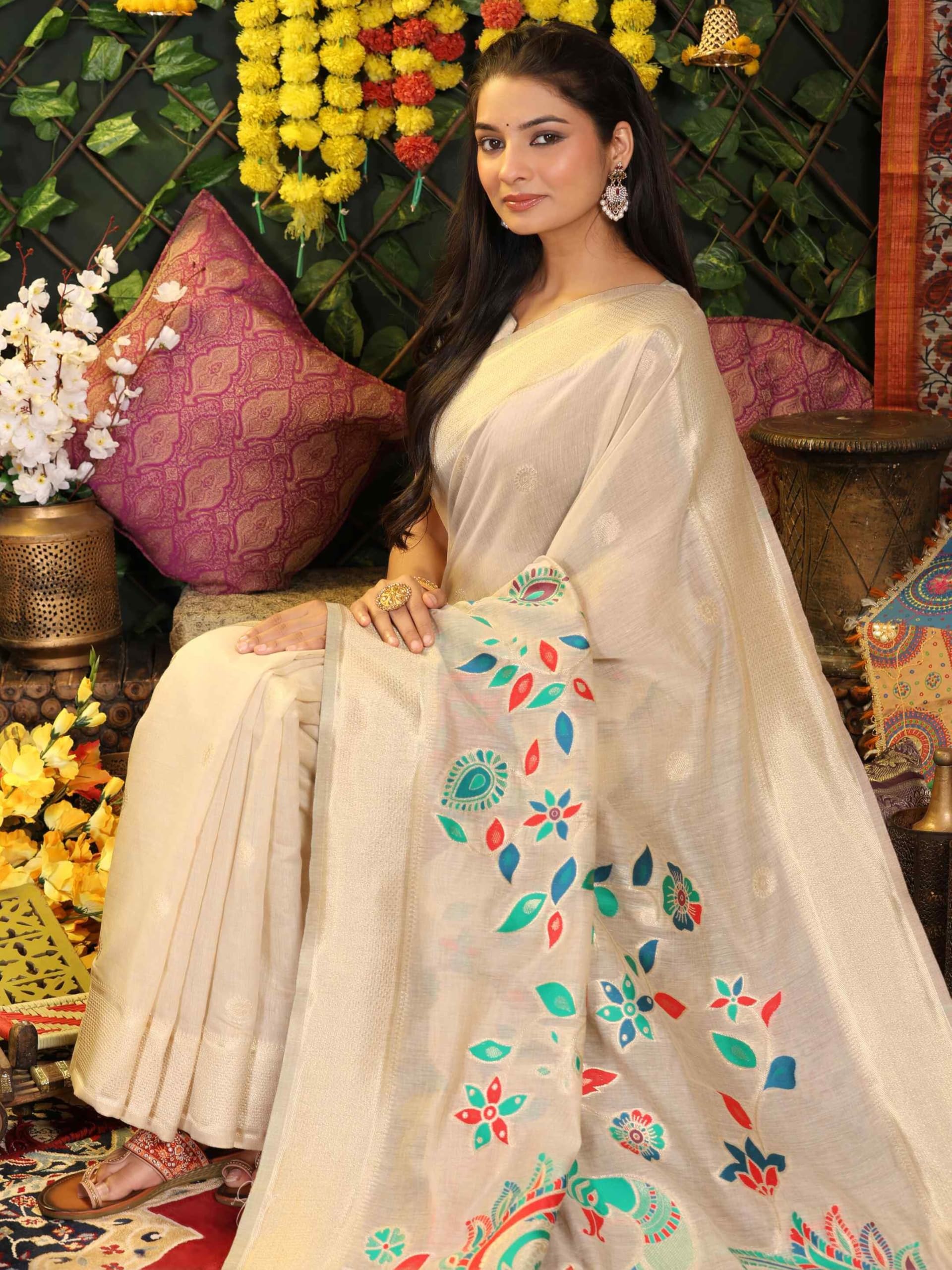 Shiv Textiles Women's Linen Cotton Floral Printed Saree(AUS-ASAVY1001-CREAM) 3