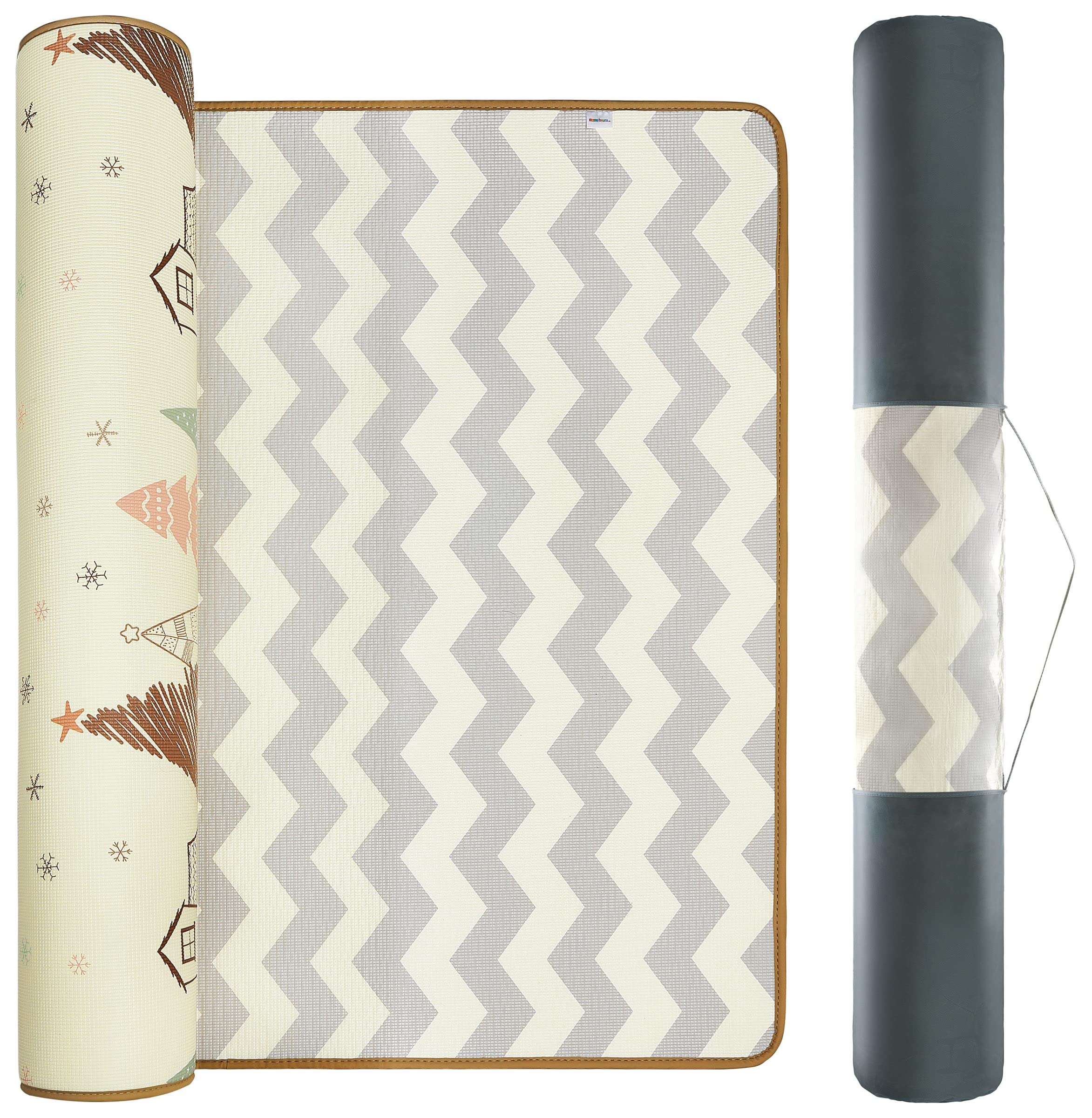 Mamabrum Alfombra de Gateo para Bebé XXL - Alfombra de Juego Enrollable y Antideslizante, de Doble Cara: Diseños de Bosque y Zigzag, Repelente al Agua, Muy Gruesa 2 cm, 180 x 150 cm, Colores Discretos