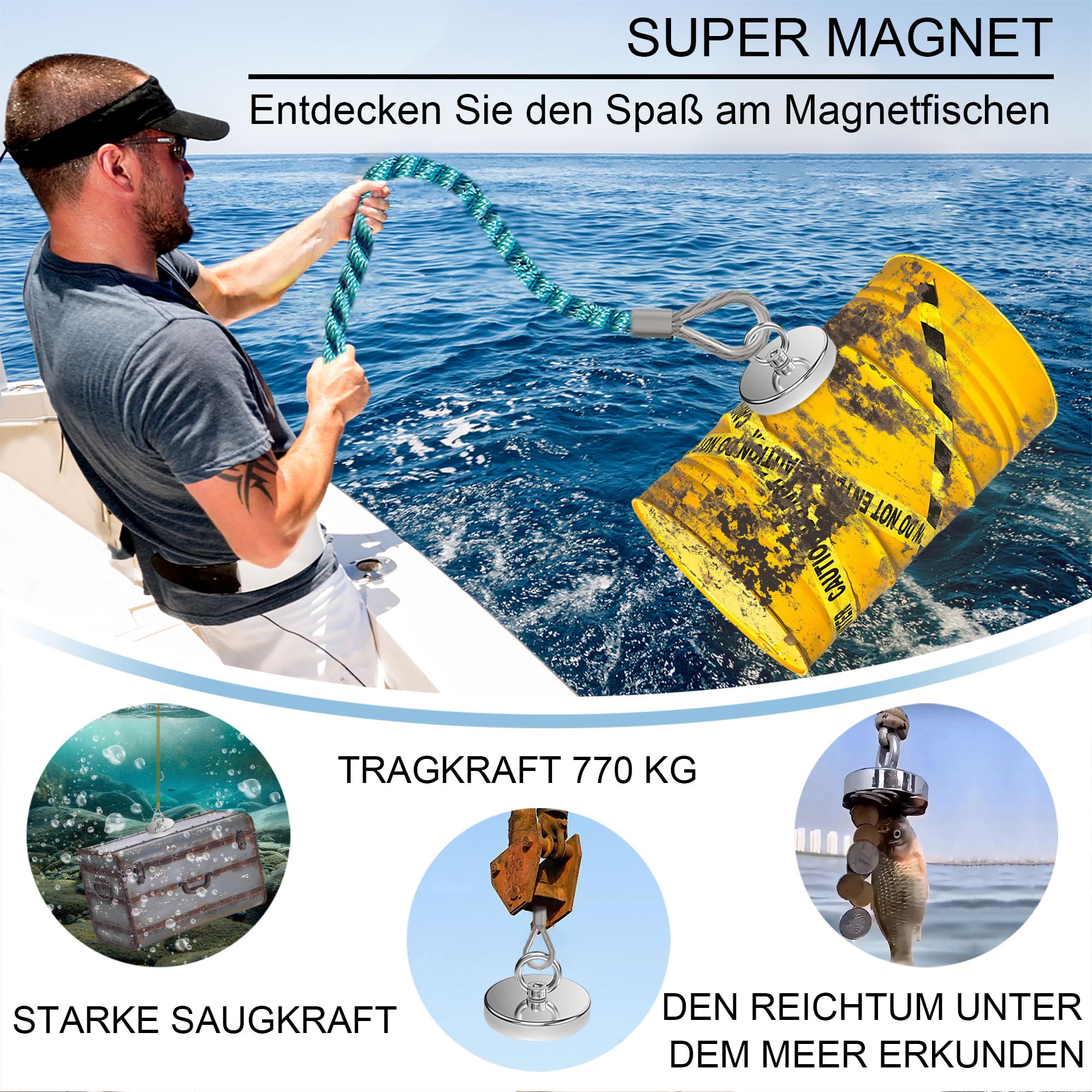 Magnetpro Angelmagnet, 770 kg Zugkraft, starker Neodym-Magnet, strapazierfähig, Seltenerd-Magnete mit Augenschraube, Durchmesser 12 cm, für Magnetfischen, Jagd, Apportieren im Fluss