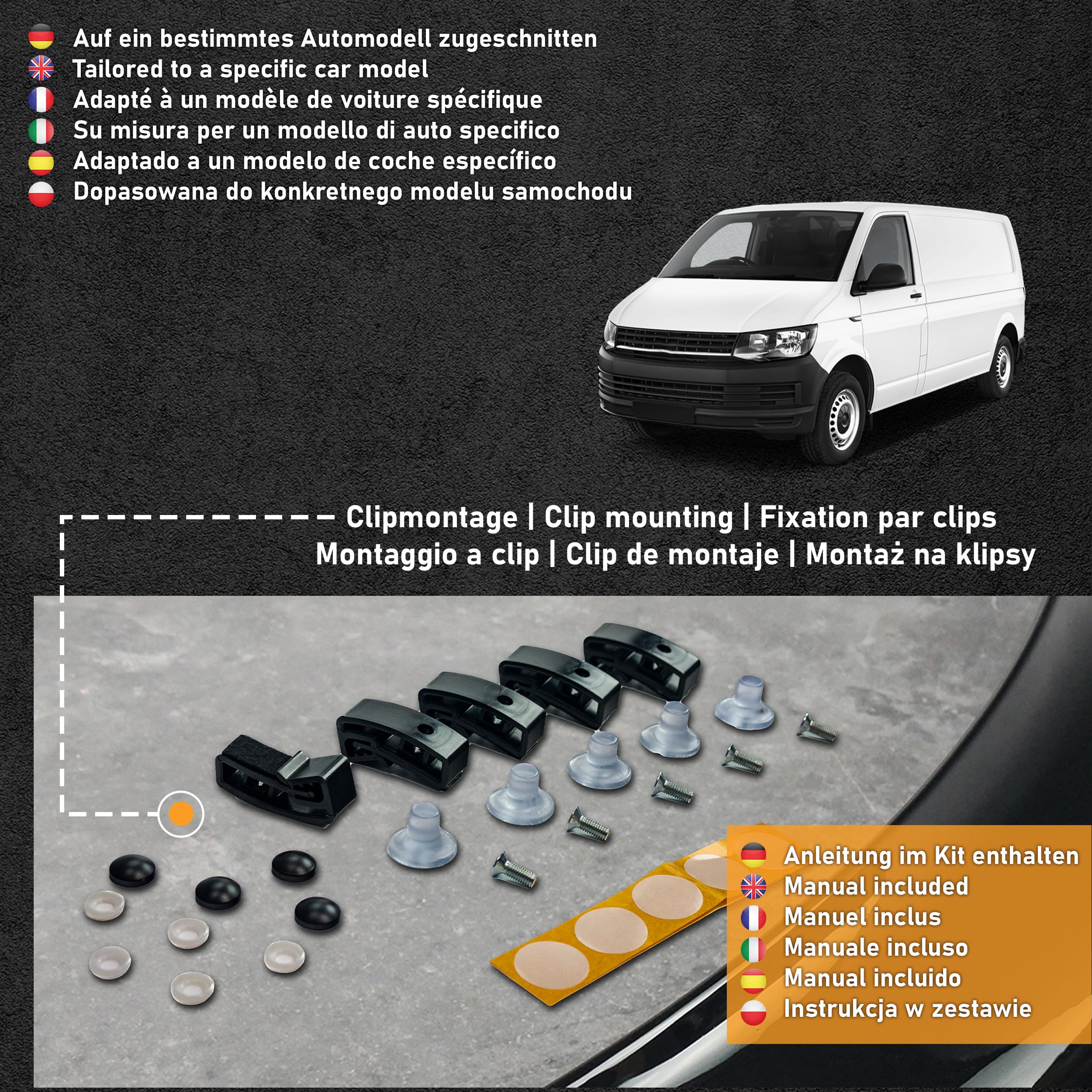 CHROMEMASTER | Akcesoria Samochodowe; Ochrona Przed Kamieniami; Osłona Maski Auta | Kompatybilna z VW T6 Transporter 2015-2018 | Czarne Tworzywo ABS | Deflektor Chroni Maskę Przed Uszkodzeniem
