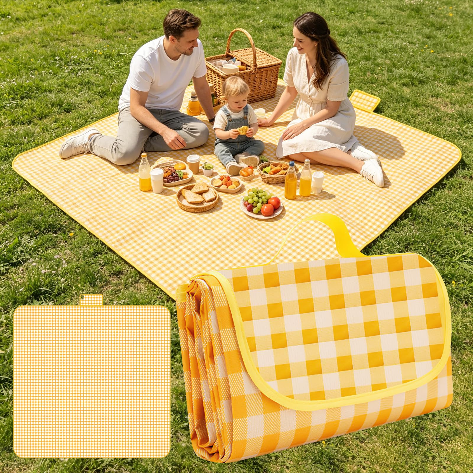 Azoisuwr Picnic Blanket Waterproof 200 x 150 cm, Picnic Mat Camping Blanket with Handle Waterproof Bottom for Camping, Beach, Family Picnic