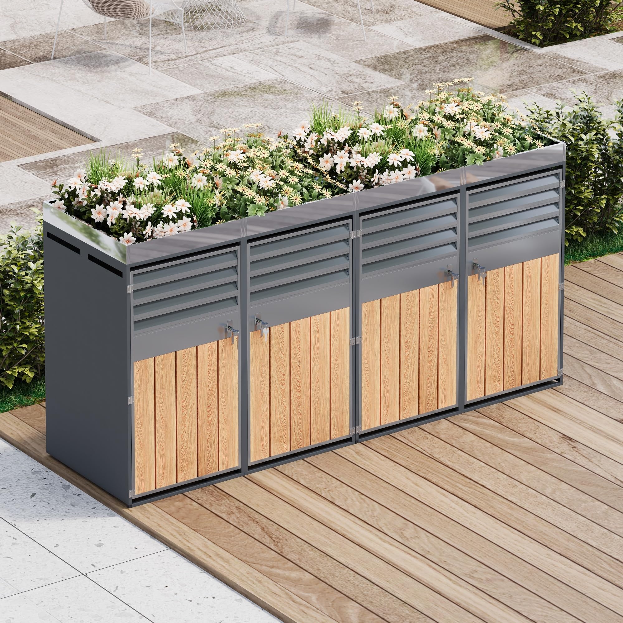 Merax Mülltonnenbox 4er mit Pflanzdach, Abschließbarer Mülltonnenschrank aus verzinktem Stahl, Mülltonnenverkleidung mit Lüftungsöffnung & Lamellen,Viertüriges Türen, für Garten & Terrasse