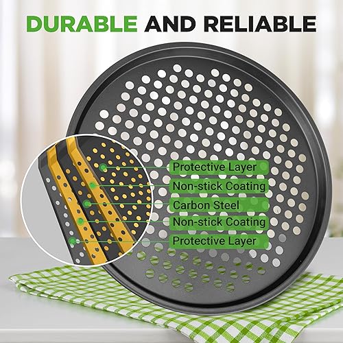 Vista 2 de NutriChef Sartén antiadherente para pizza de 12.8 pulgadas para horno, bandeja para hornear pizza de acero al carbono con agujeros de flujo de aire