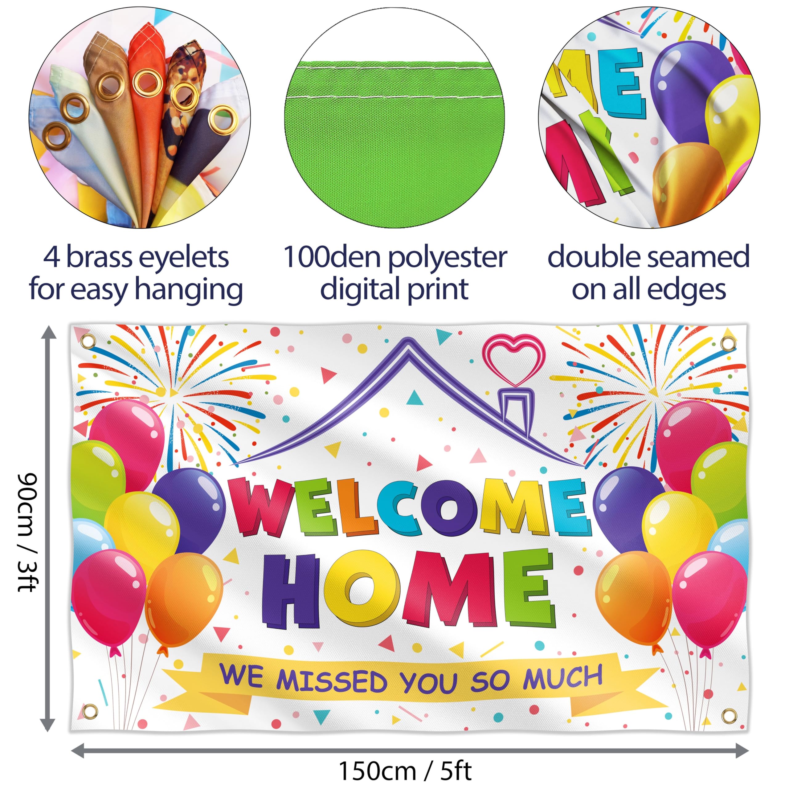 BRAVITA Welcome Home Banner - Welcome Home Decorations - Welcome Back Banner 5x3 ft - Welcome Back Decorations Office - Double Stitched (White)