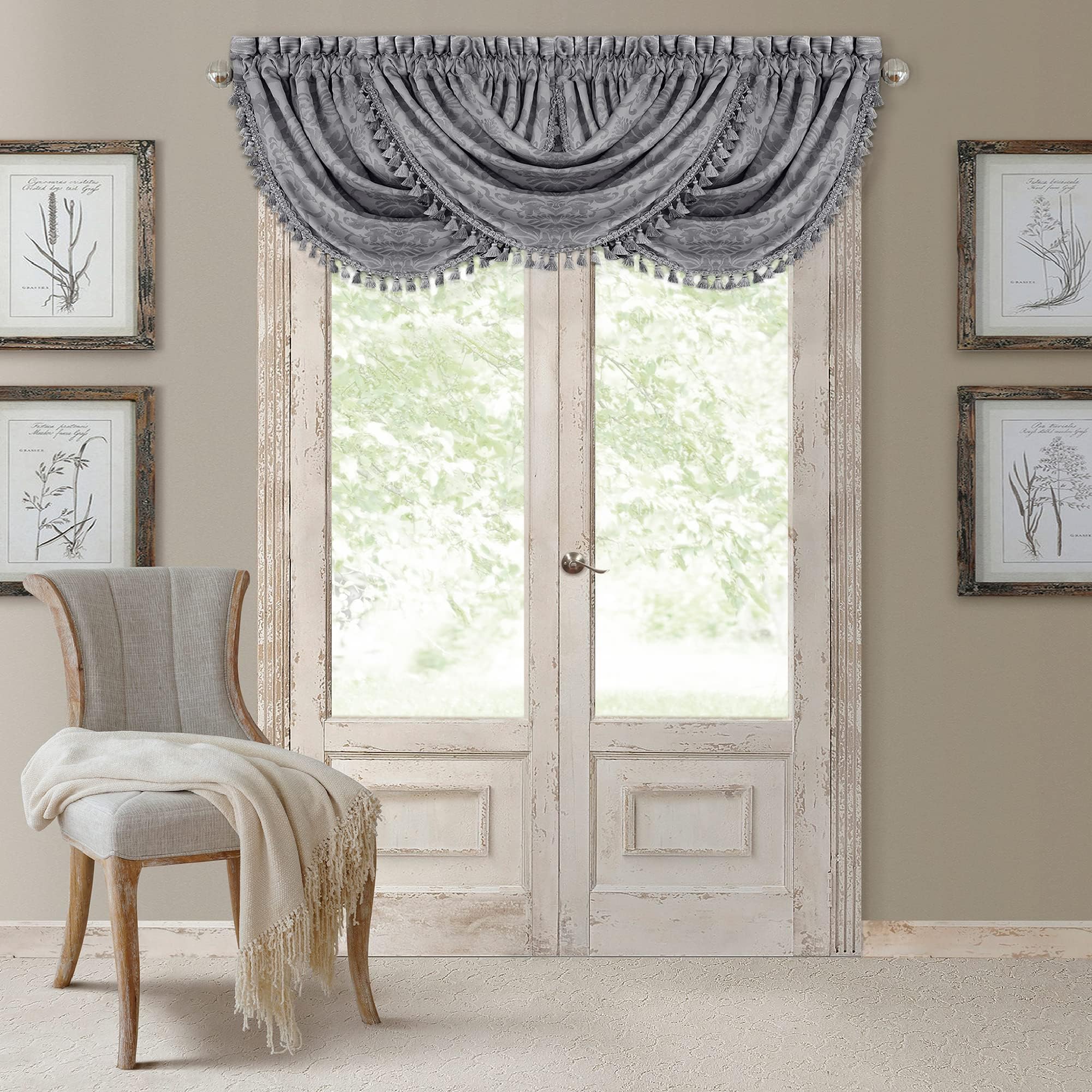 Elrene Home FashionsAntonia Floral Damask Waterfall Window Valance with Tassels, 52"x36", Silver