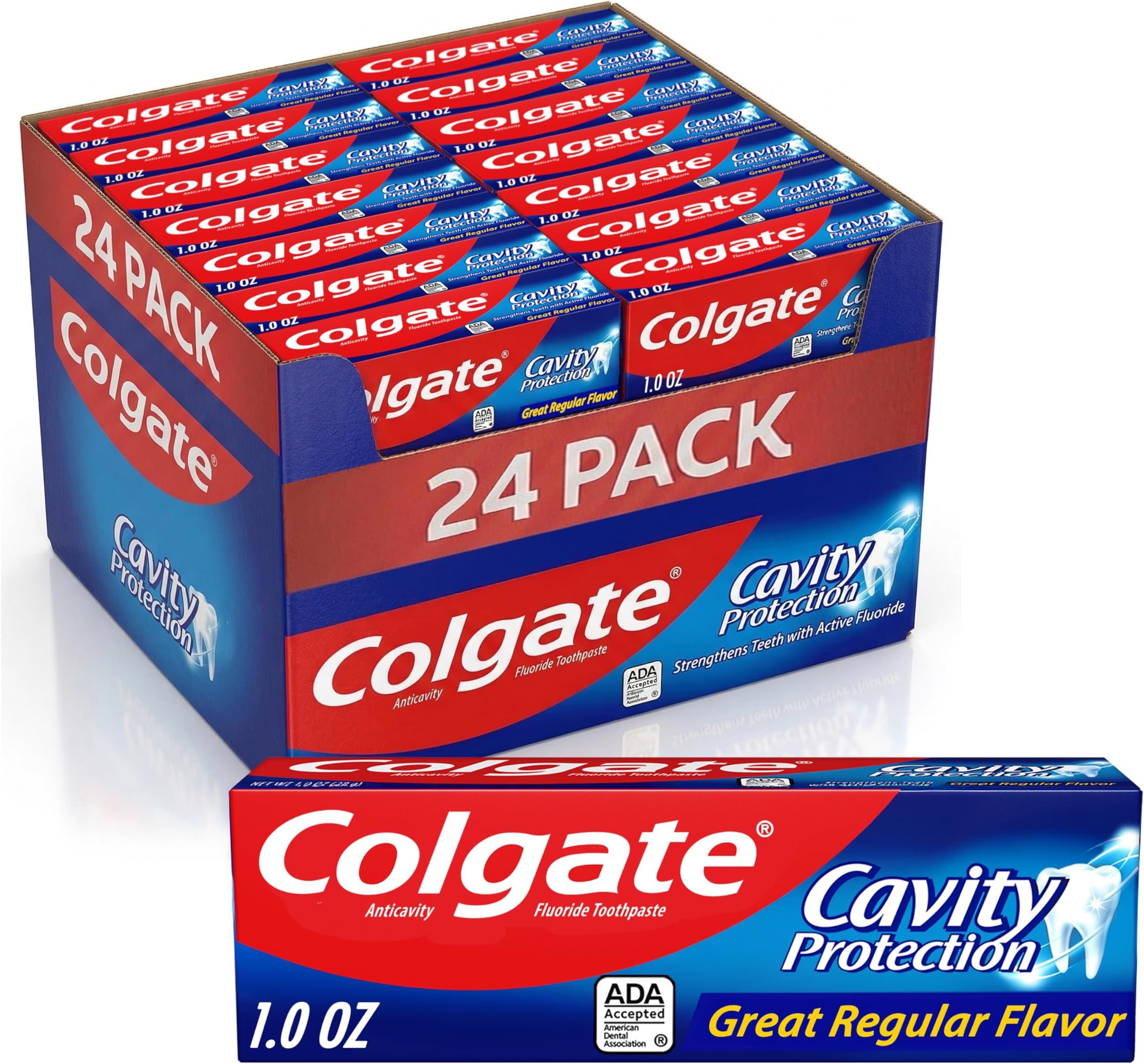 Colgate Cavity Protection Toothpaste with Fluoride, Minty Great Regular Flavor, Anti Cavity Toothpaste, 24 Pack, 1 Oz Tubes