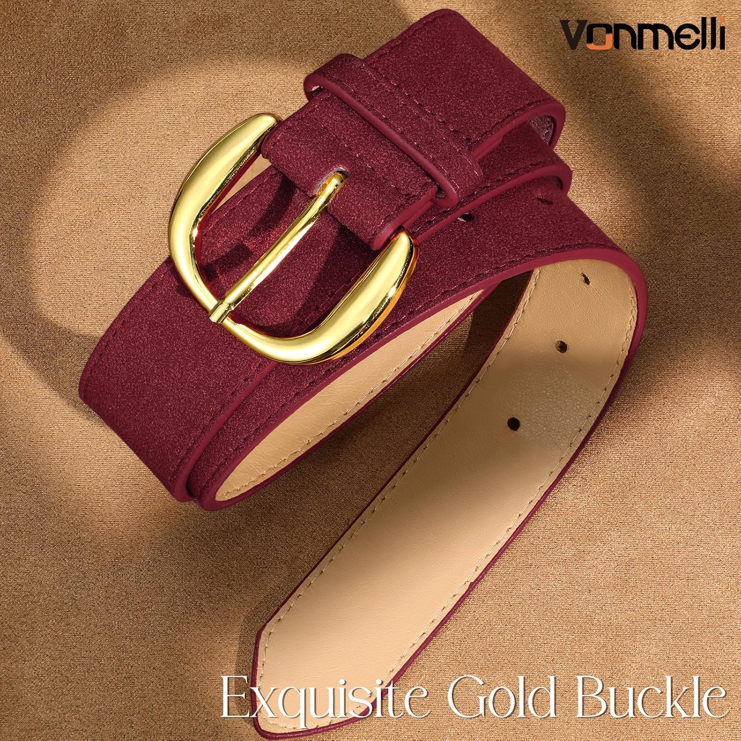 VONMELLI Women Suede Leather Belt for Jeans Dresses Ladies Waist Belt with Retro Gold Buckle - Image 2