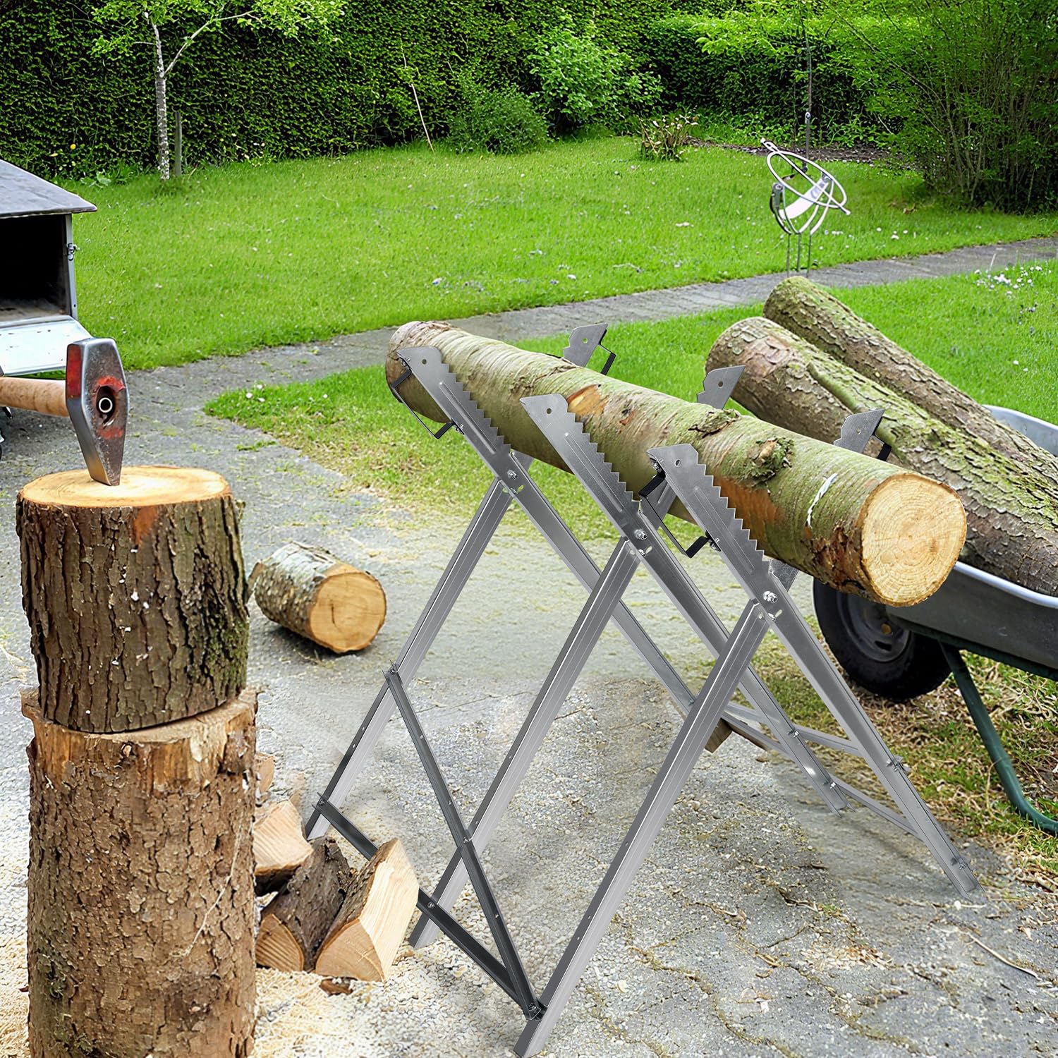 Cavalletto per sega in legno zincato pieghevole con 3 supporti e dentatura, pieghevole per legna da ardere fino a Ø 23 cm, max. 150 kg, supporto per sega