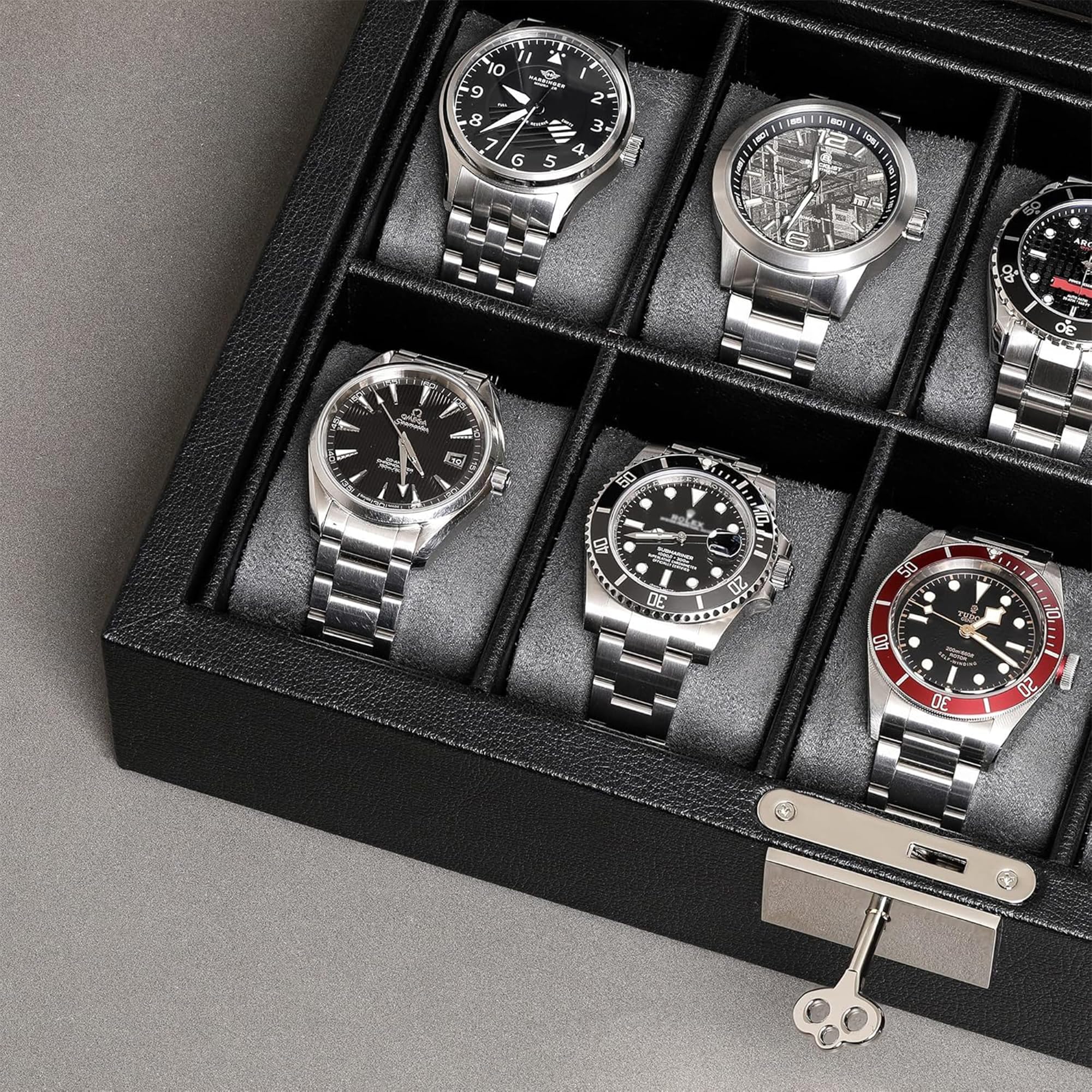 ROTHWELL Uhrenbox aus Leder mit 10 Fächern – Luxus-Uhrenetui, Veranstalter Uhrenaufbewahrung, Ultraweiches Mikro Wildlederimitat Futter, Abschließbarer Schmuck-Uhrenhalter mit Großer Glasplatte