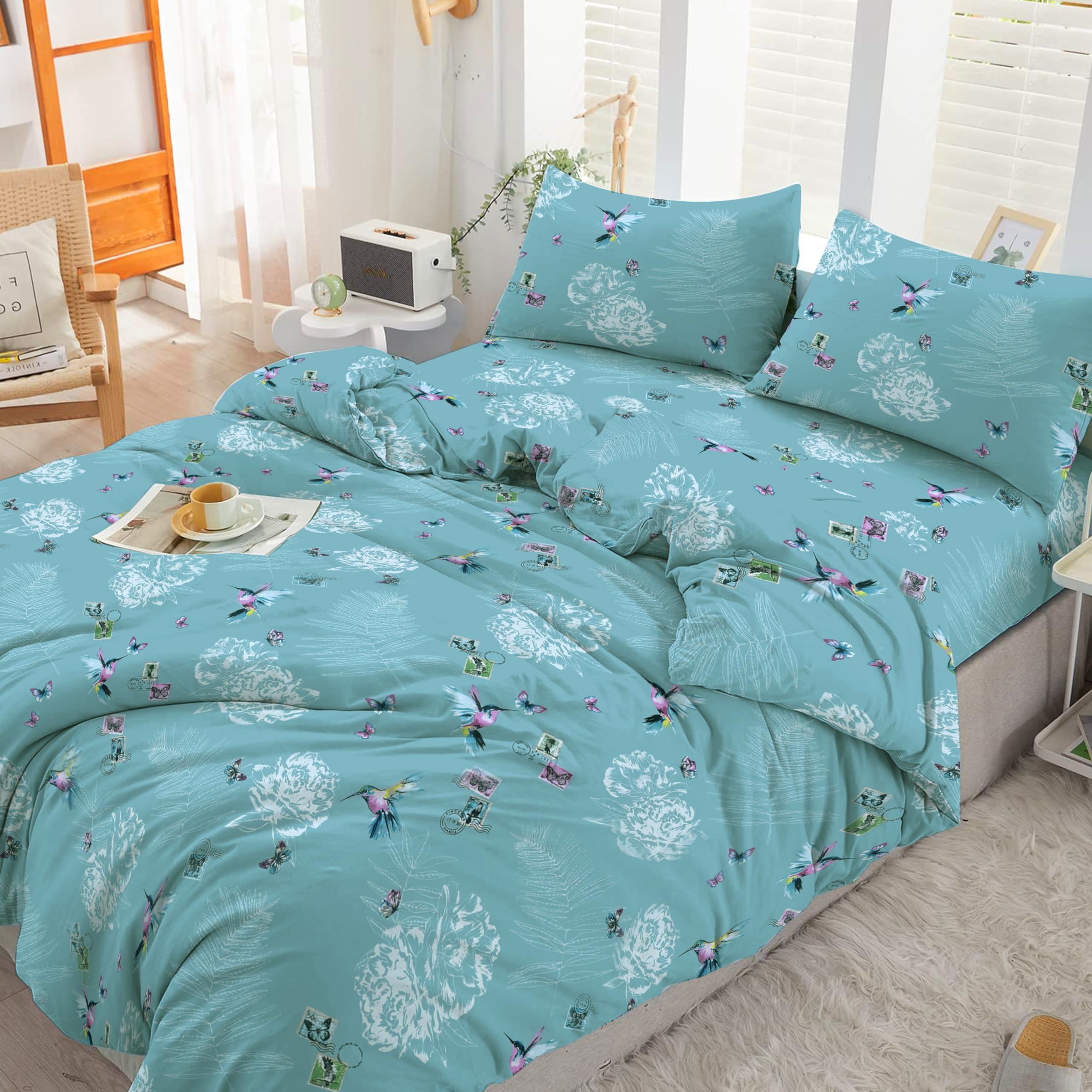 Cotton Comfort Bedding & Linen 2PCS Single Duvet Cover Set 100% Egyptian Cotton Bedding Single Bed Set 400 Thread Count Floral Printed Country Bird Duvet Cover Single with Pillow Case