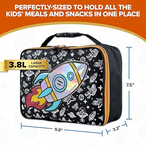 Miniatura 5 de Decorably Lonchera espacial aislada con diseño de parche holográfico de cohete, lonchera temática espacial fácil de limpiar con bolsillo de malla en