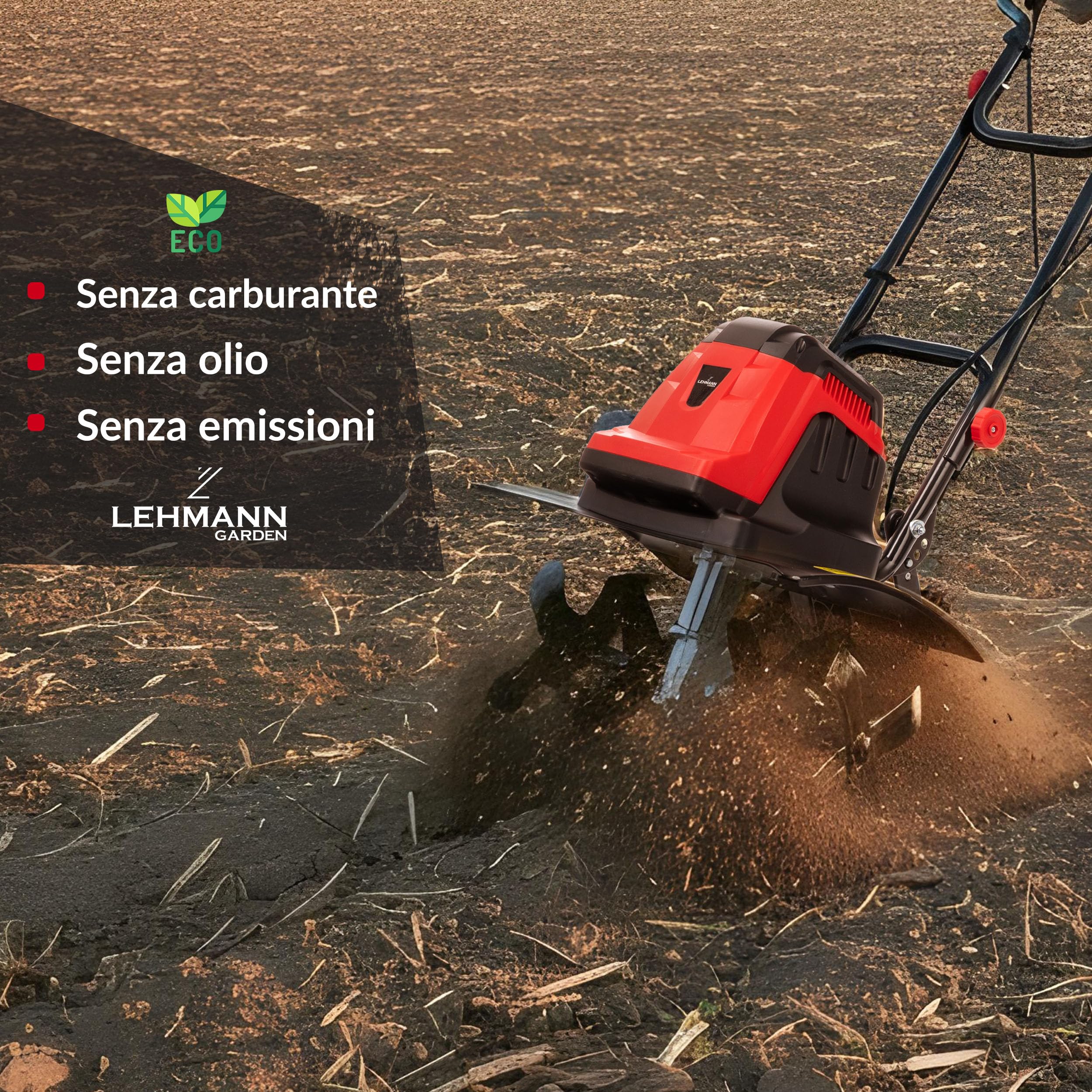 LEHMANN Motozappa Elettrica, 1800 W, Elettrozappa con Larghezza di lavoro 45 cm e Profondità 22 cm, 24 Lame, Ruote di Trasporto, Manico Pieghevole, Zappatrice per Orto e Giardino, Rosso/Nero