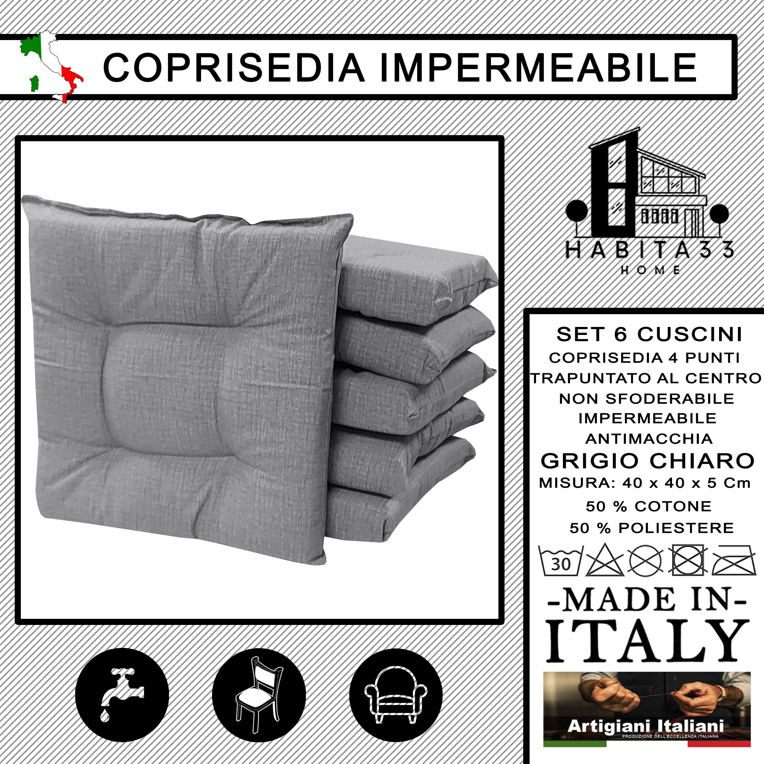 Cuscini per Sedie da Cucina Set da 6, Impermeabili e Antimacchia, Cuscini Sedie con Laccetti, Trapuntati al Centro, Double Face, Idrorepellenti, Coprisedie Cucina Made in Italy (Grigio Chiaro)