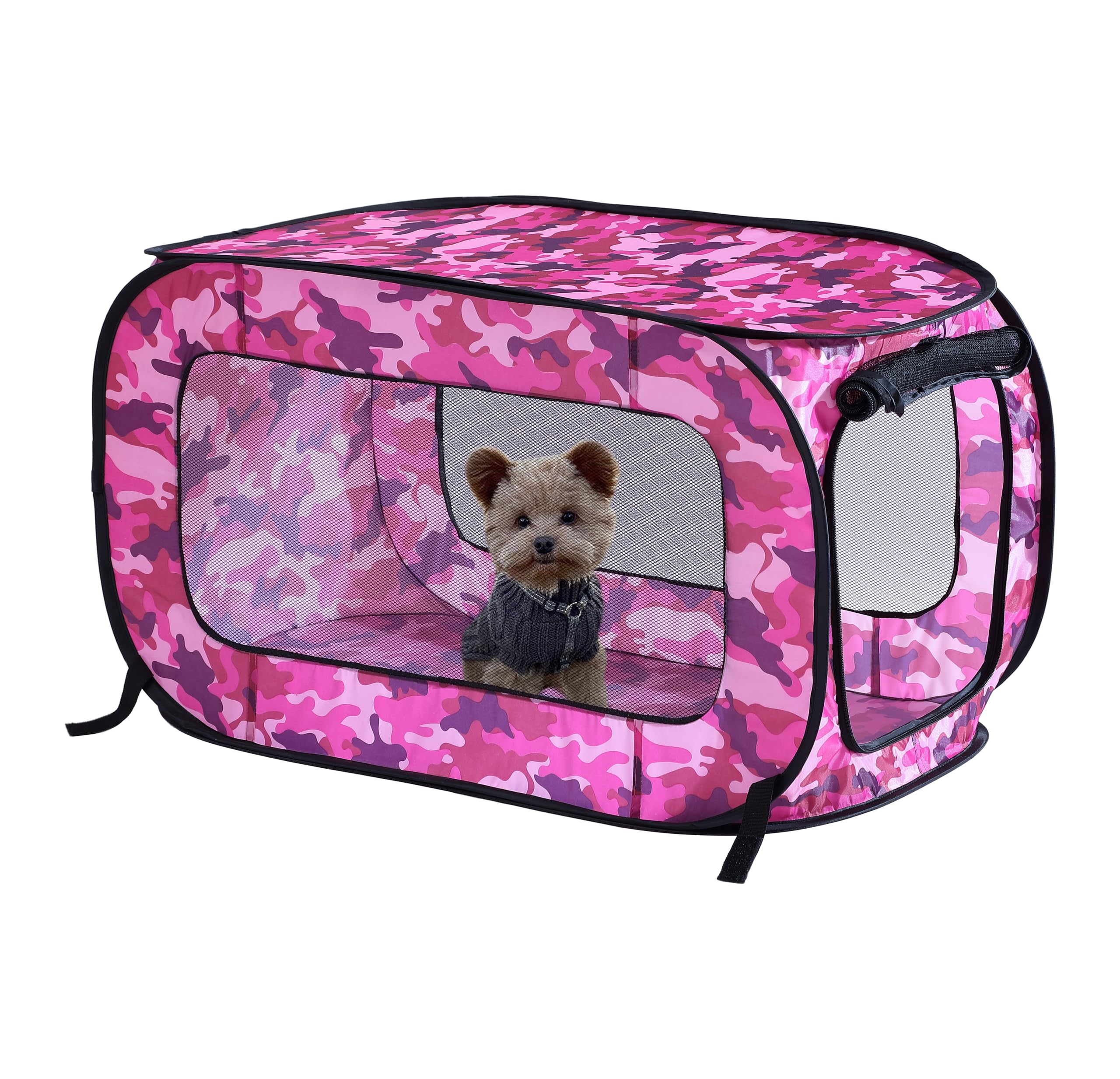 Beatrice Home Fashions Portable, Collapsible, Pop Up Travel Pet, Cat and Dog Kennel, 40" L x 27" W x 27" H, Camo Pink