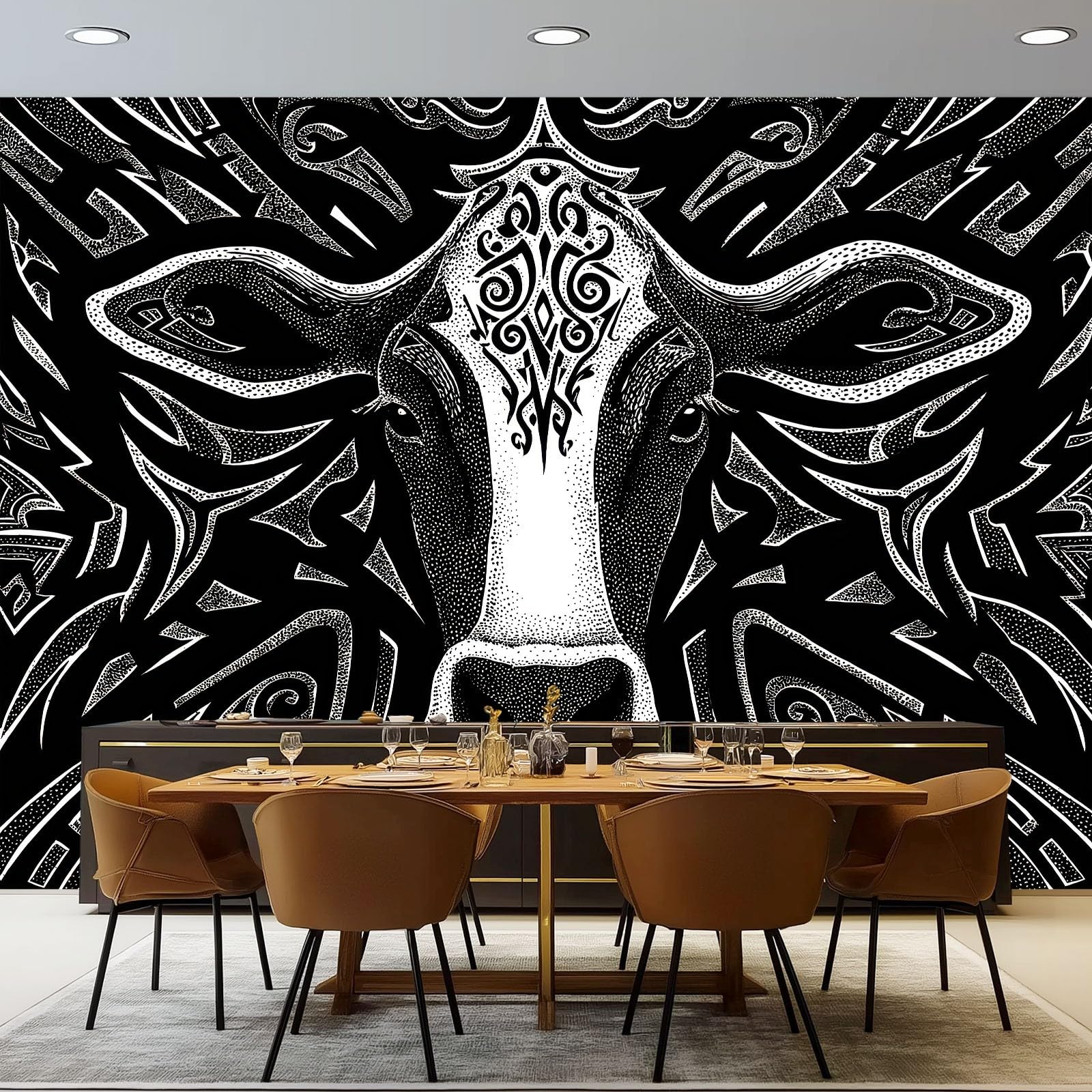 Abstraktes Stammesmuster Fototapete Schwarz 350 x 256 cm Vlies Wandtapete - Moderne Wanddekoration mit Linien & Kuh-Motiv für Schlafzimmer & Wohnzimmer - UV-beständiges Bild Wandbild für Tiefenwirkung